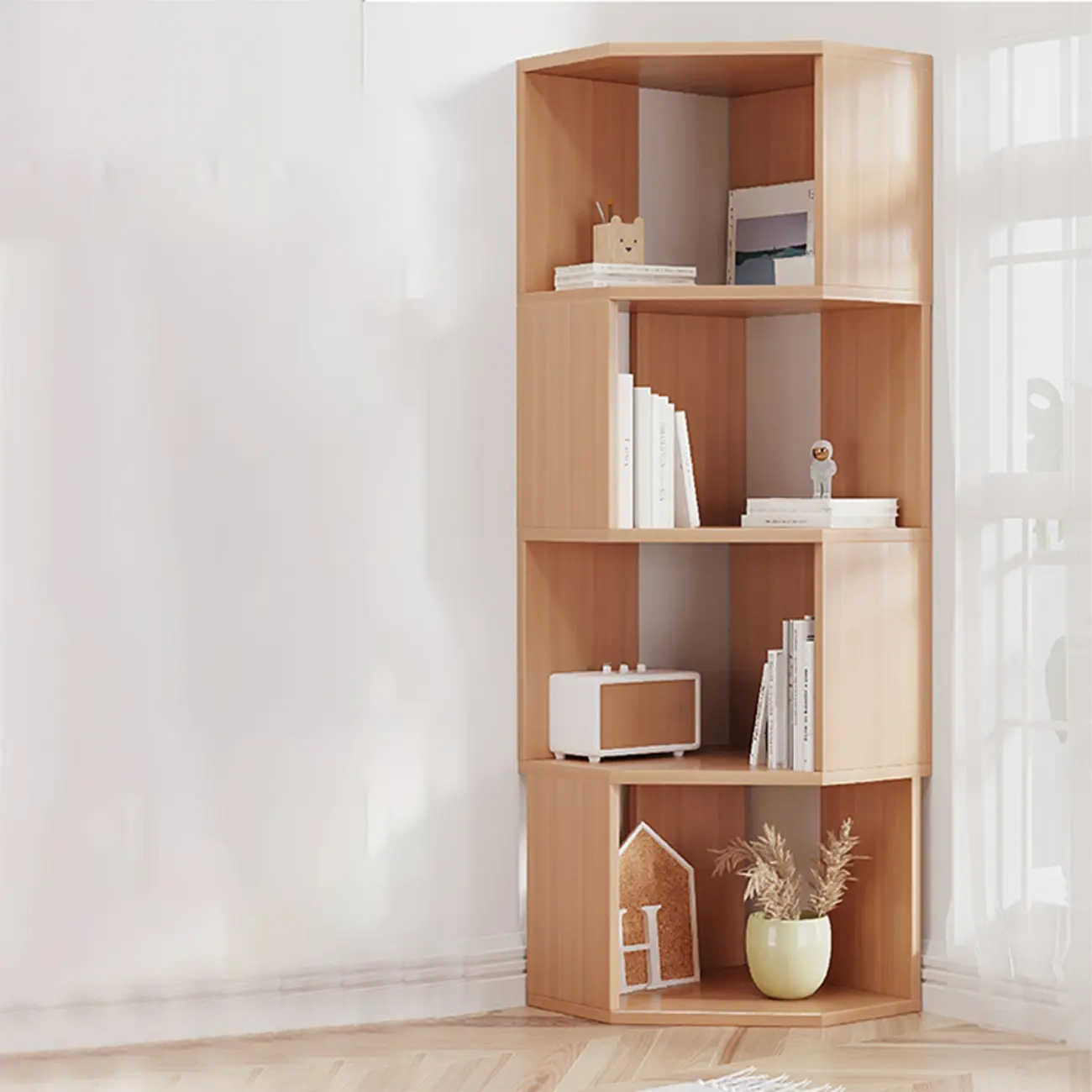 Modern 7-Shelf White Wood Corner Bookcase Image - 16 | homeyfad