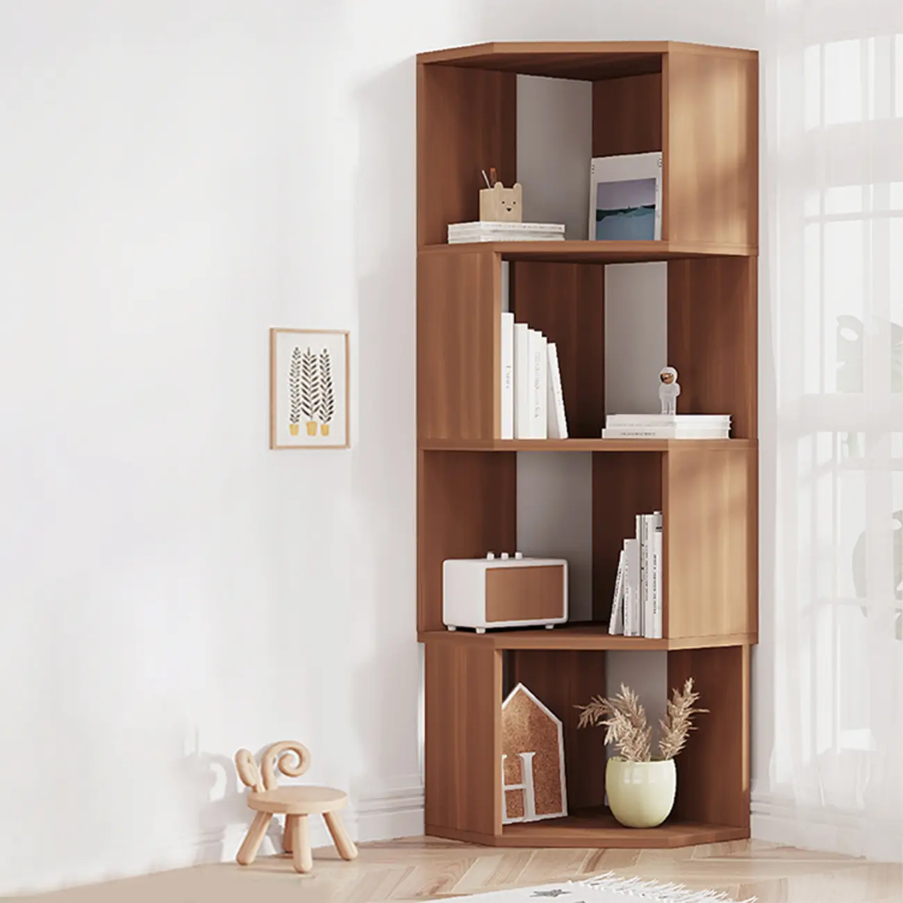 Modern 7-Shelf White Wood Corner Bookcase Image - 17 | homeyfad