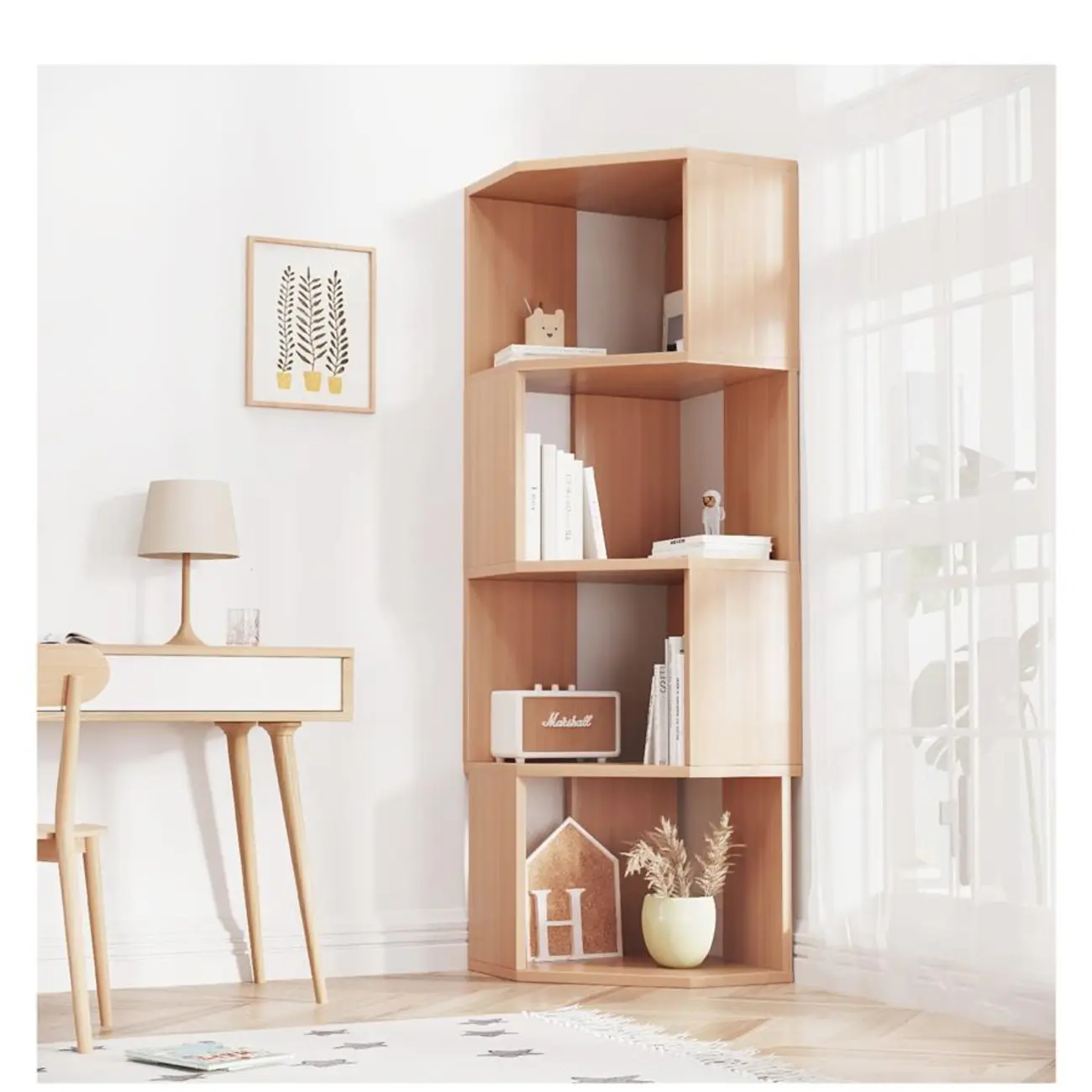 Modern 7-Shelf White Wood Corner Bookcase Image - 18 | homeyfad