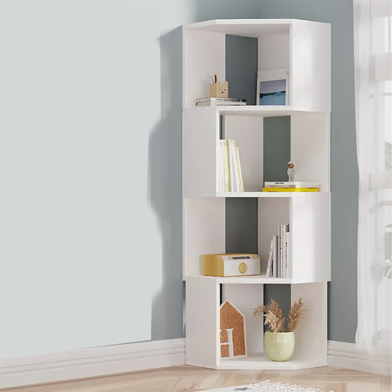Modern 7-Shelf White Wood Corner Bookcase Image - 20