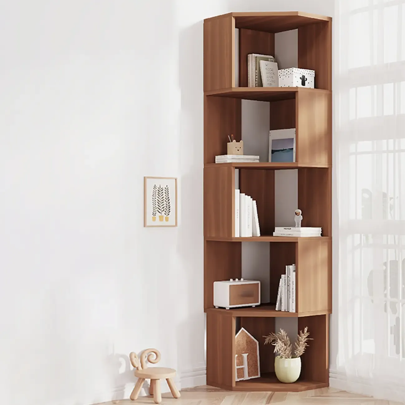 Modern 7-Shelf White Wood Corner Bookcase Image - 23
