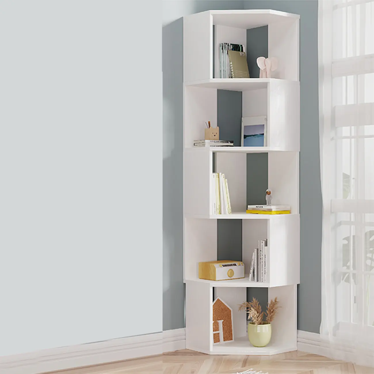 Modern 7-Shelf White Wood Corner Bookcase Image - 26 | homeyfad