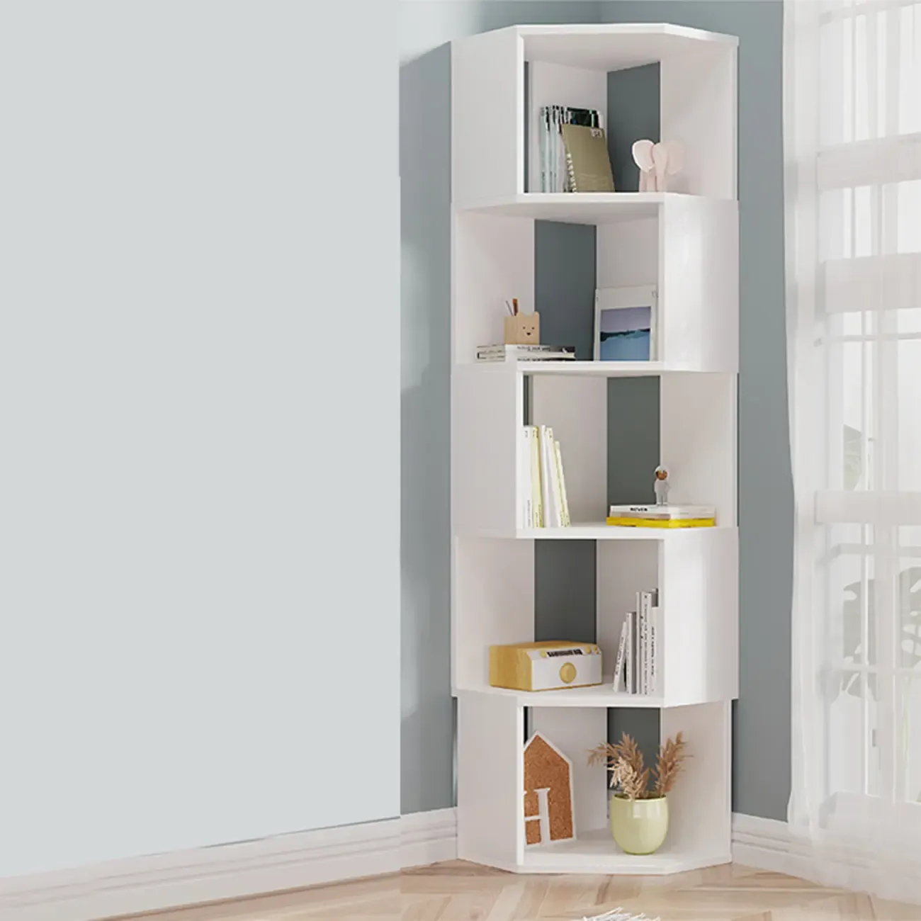 Modern 7-Shelf White Wood Corner Bookcase Image - 26