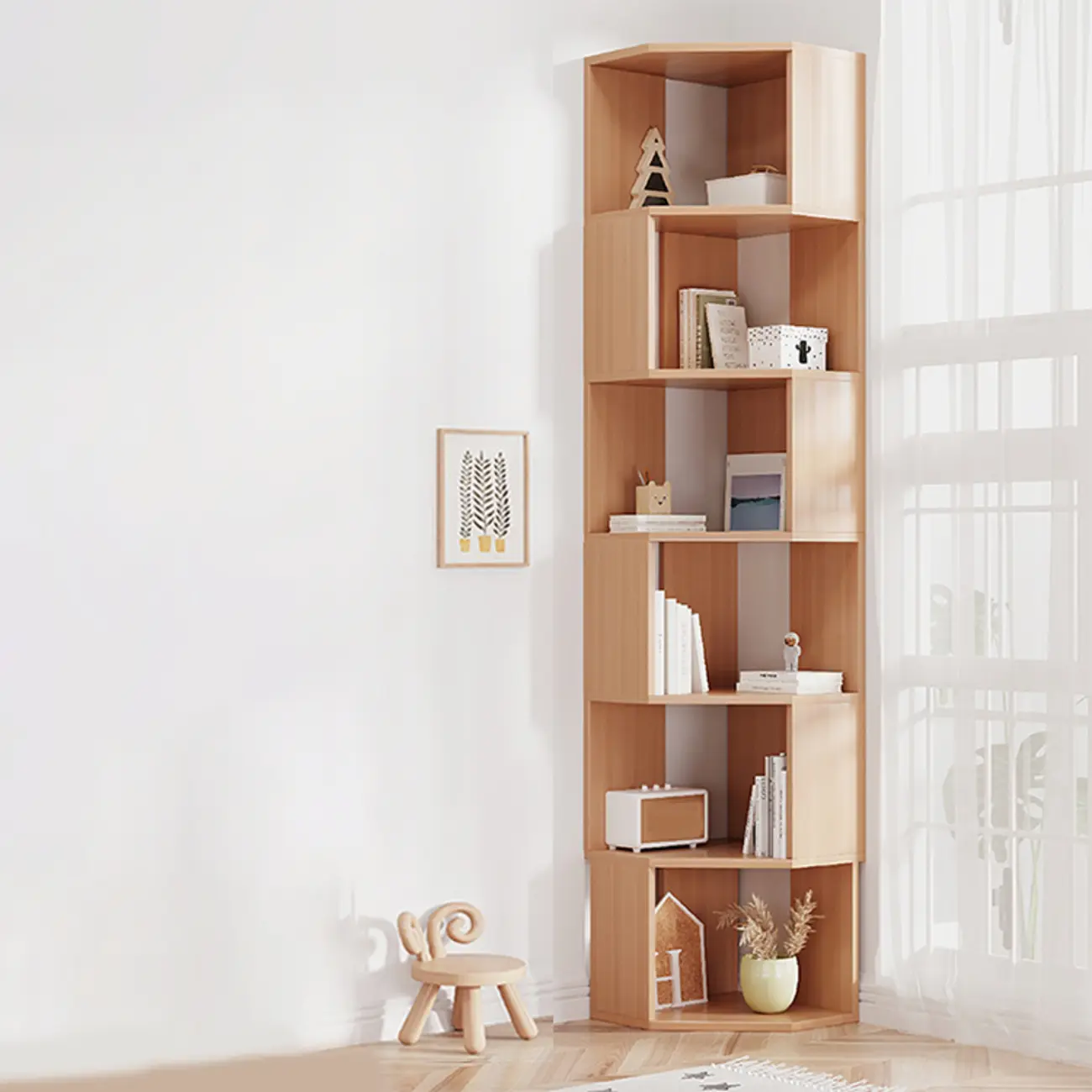 Modern 7-Shelf White Wood Corner Bookcase Image - 28 | homeyfad