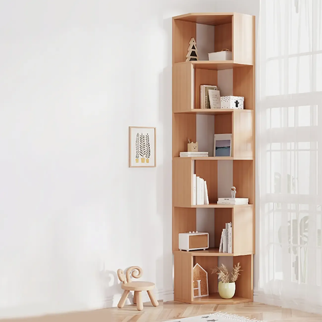 Modern 7-Shelf White Wood Corner Bookcase Image - 28