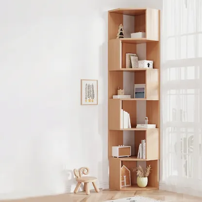 Modern 7-Shelf White Wood Corner Bookcase Image - 28