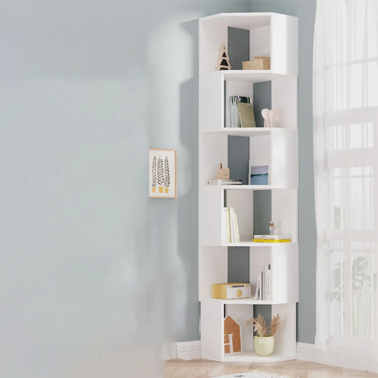 Modern 7-Shelf White Wood Corner Bookcase Image - 2 | homeyfad
