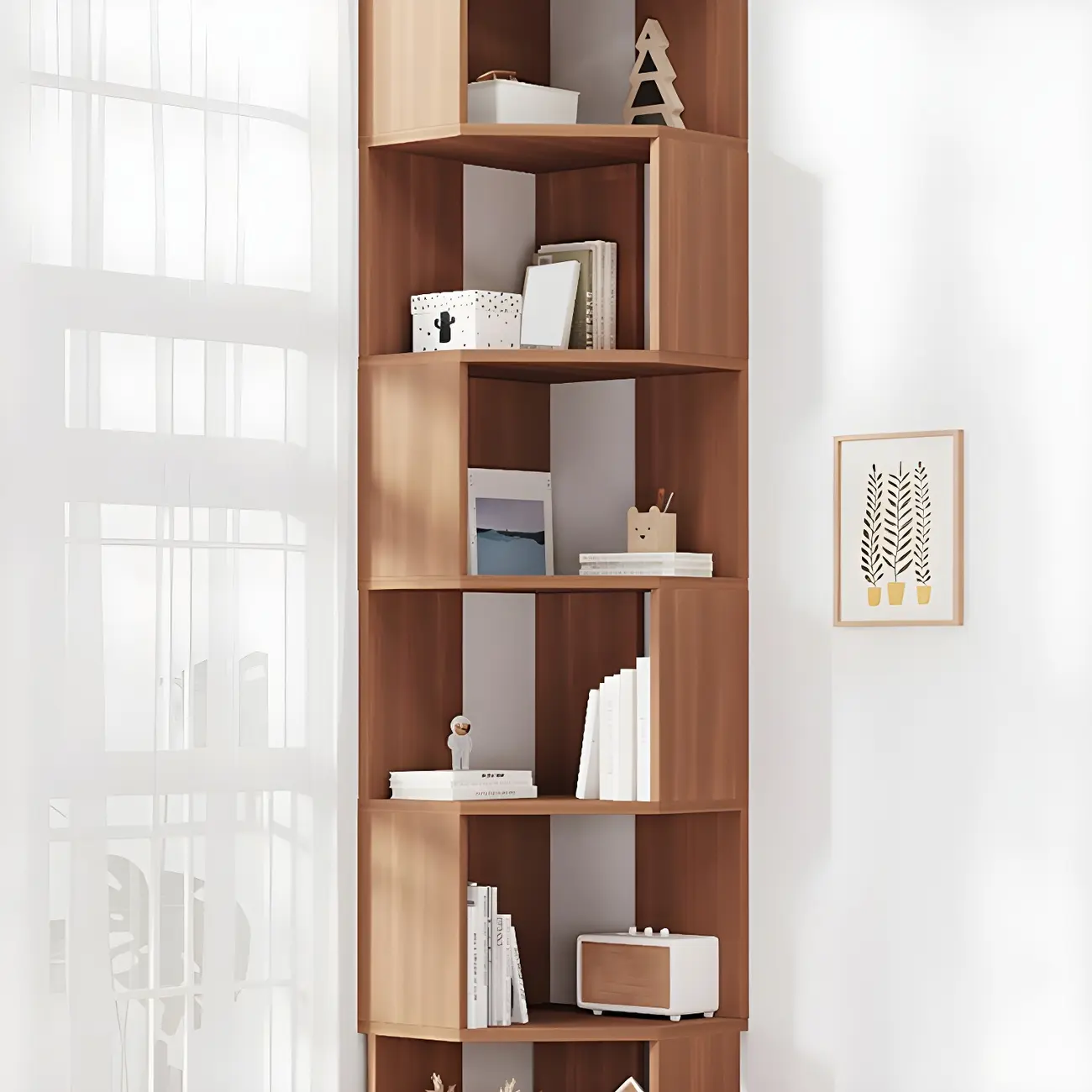 Modern 7-Shelf White Wood Corner Bookcase Image - 31 | homeyfad