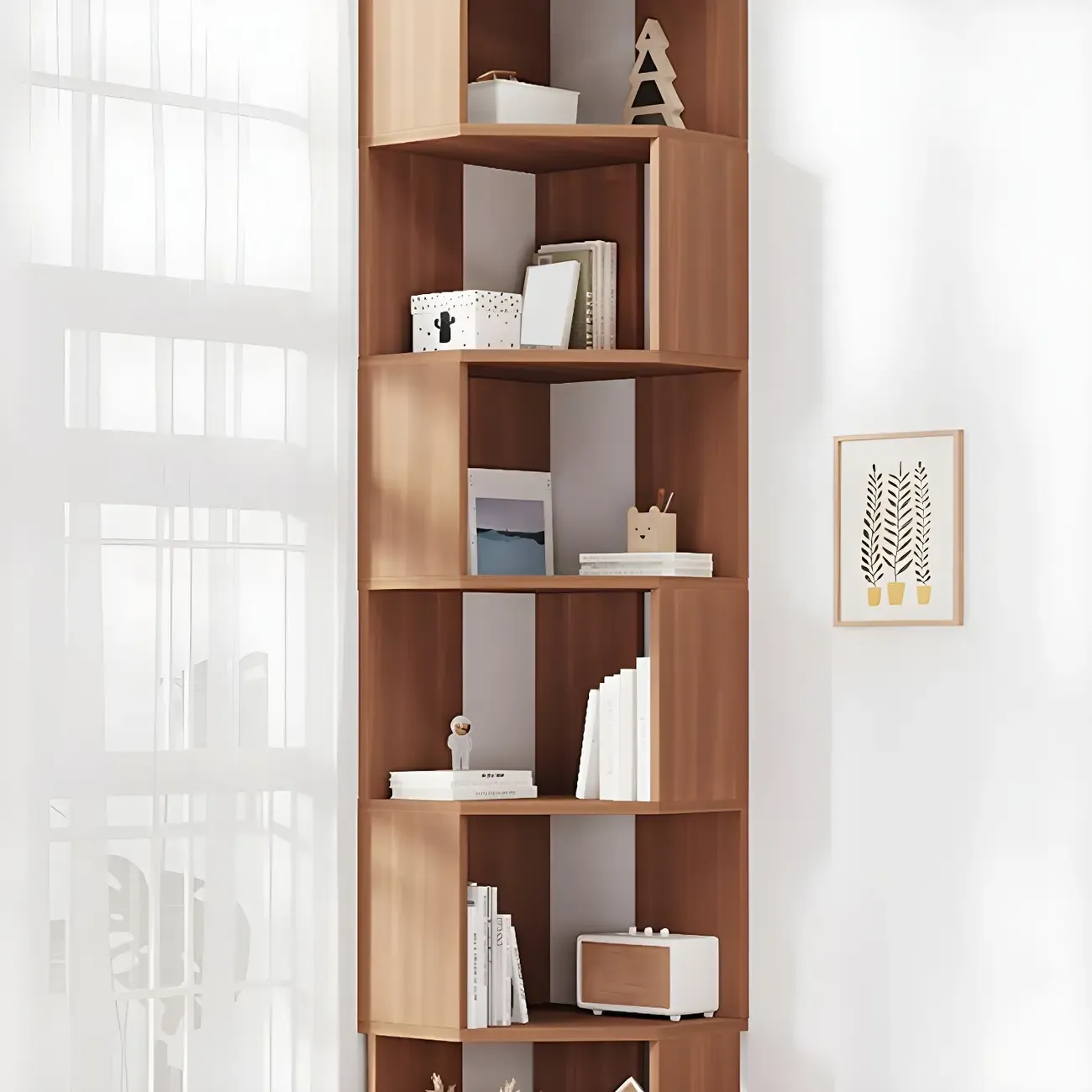 Modern 7-Shelf White Wood Corner Bookcase Image - 31
