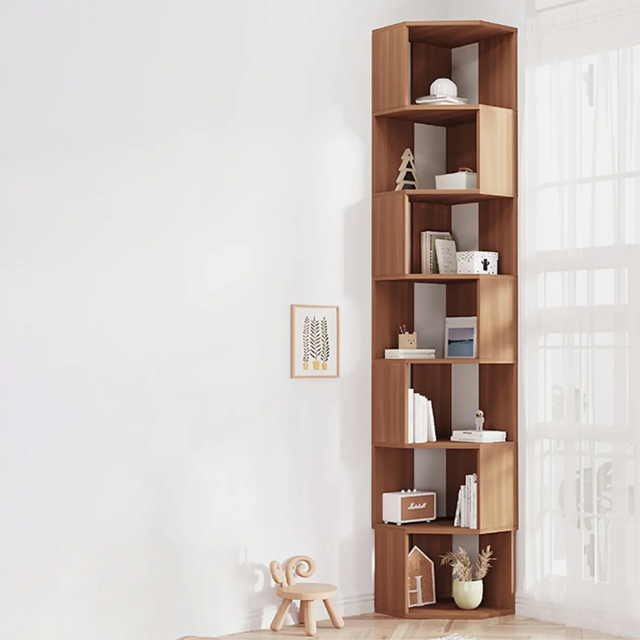 Modern 7-Shelf White Wood Corner Bookcase Image - 33 | homeyfad