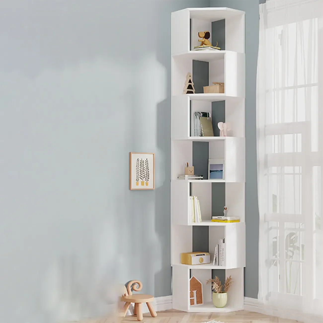 Modern 7-Shelf White Wood Corner Bookcase Image - 1