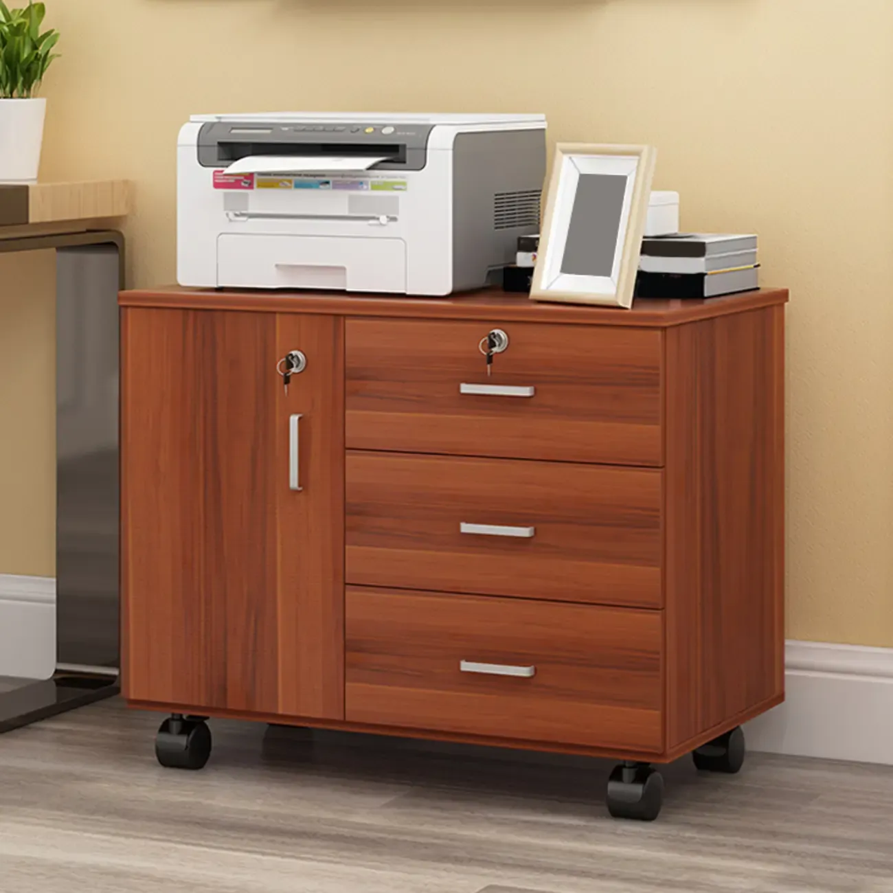 Elegant Wooden Lockable Filing Cabinet with 3-Drawers for Office Image - 9
