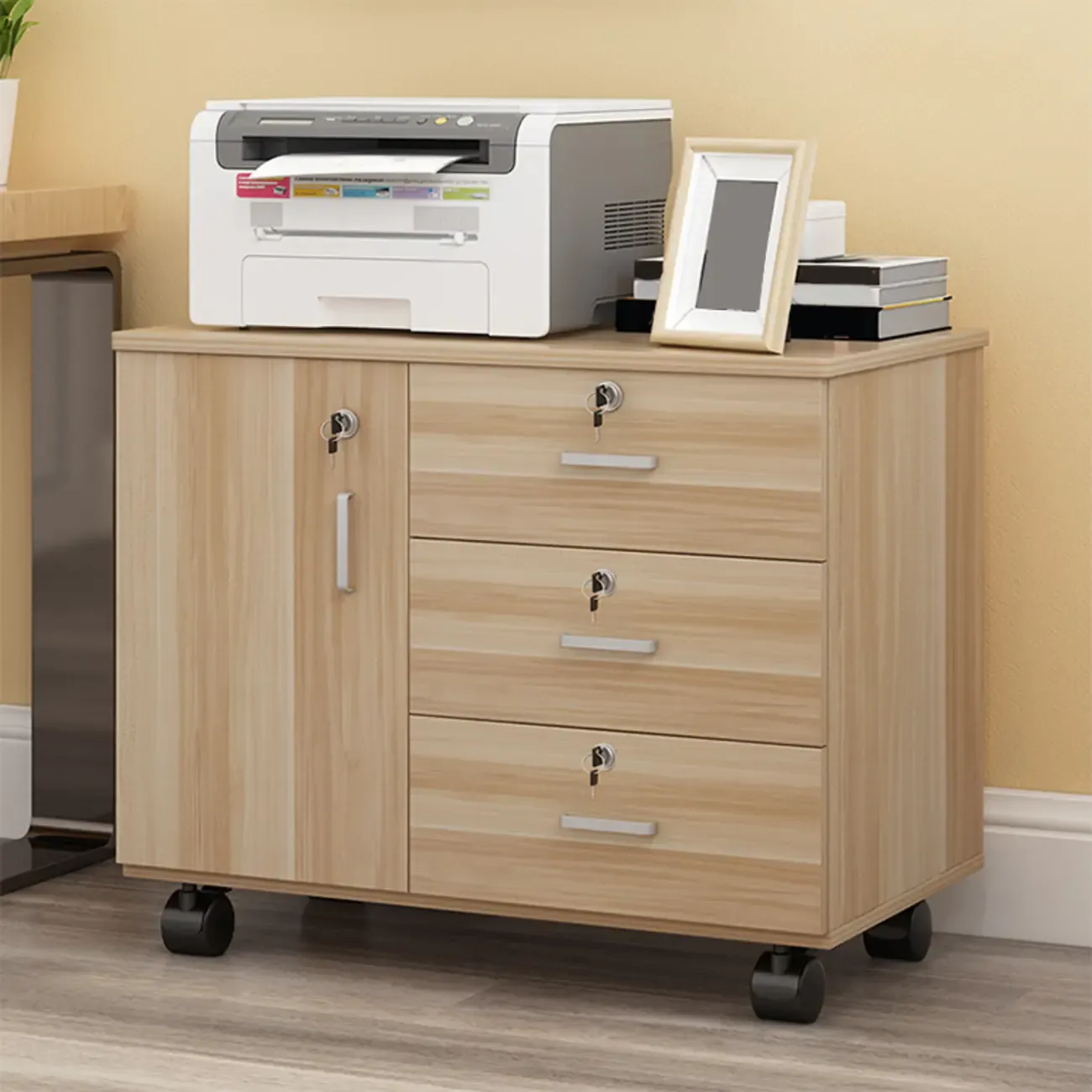 Elegant Wooden Lockable Filing Cabinet with 3-Drawers for Office Image - 23