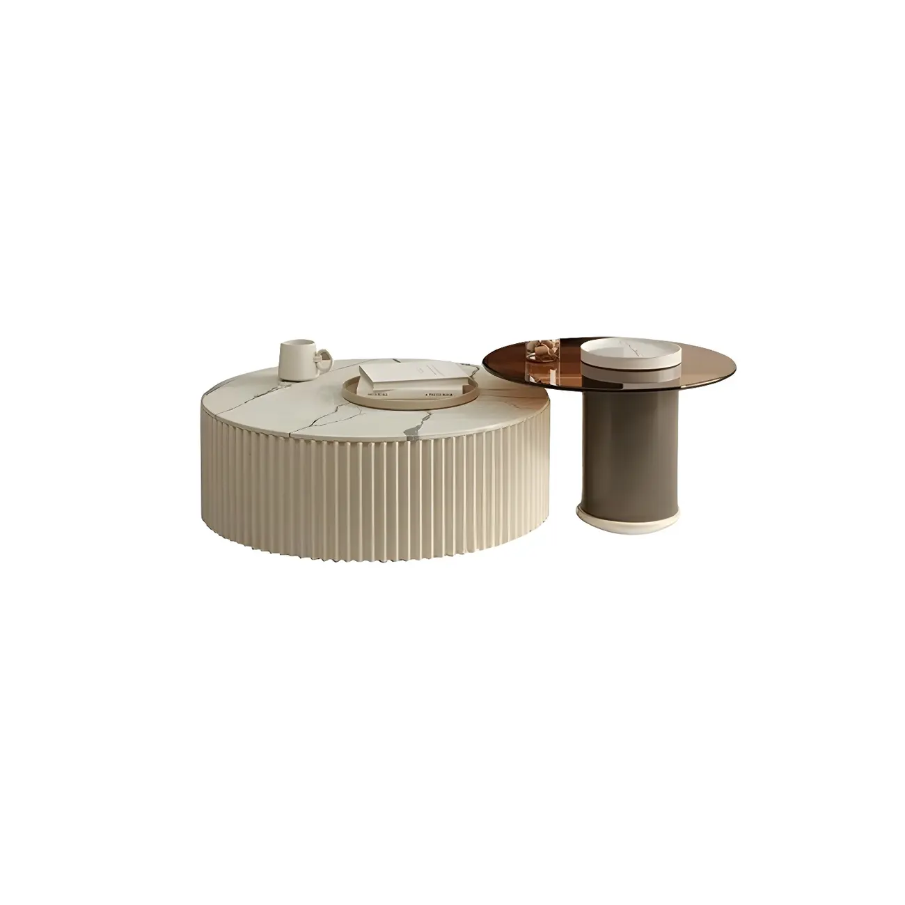 White Drum Round Wood Coffee Table with Storage Image - 9 | homeyfad