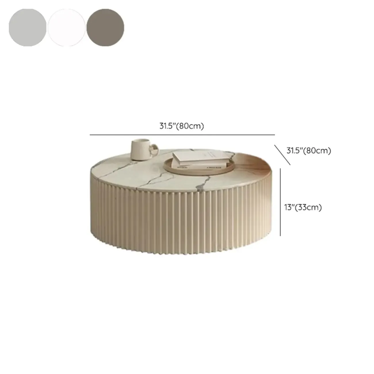 White Drum Round Wood Coffee Table with Storage #size