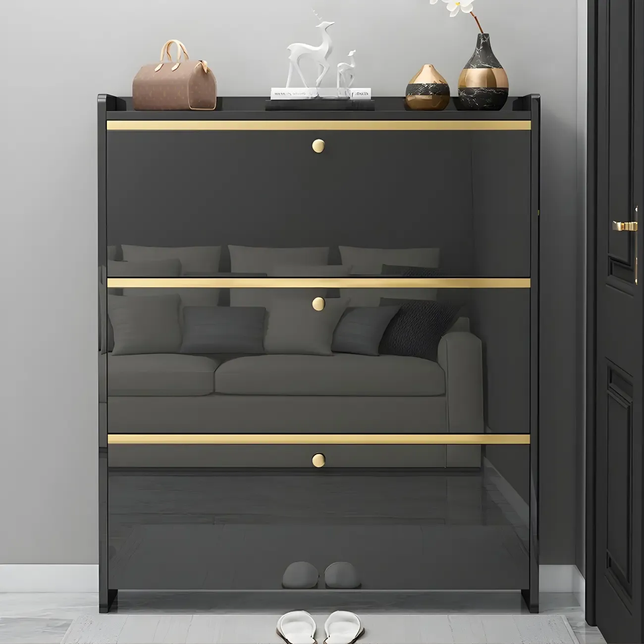 Entryway Glam Black Shoe Storage with Adjustable Shelves Image - 1