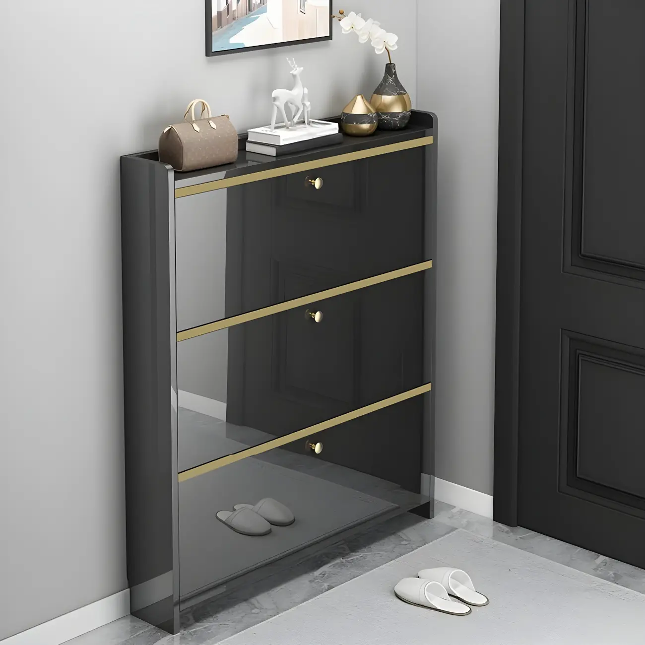 Entryway Glam Black Shoe Storage with Adjustable Shelves Image - 2 | homeyfad