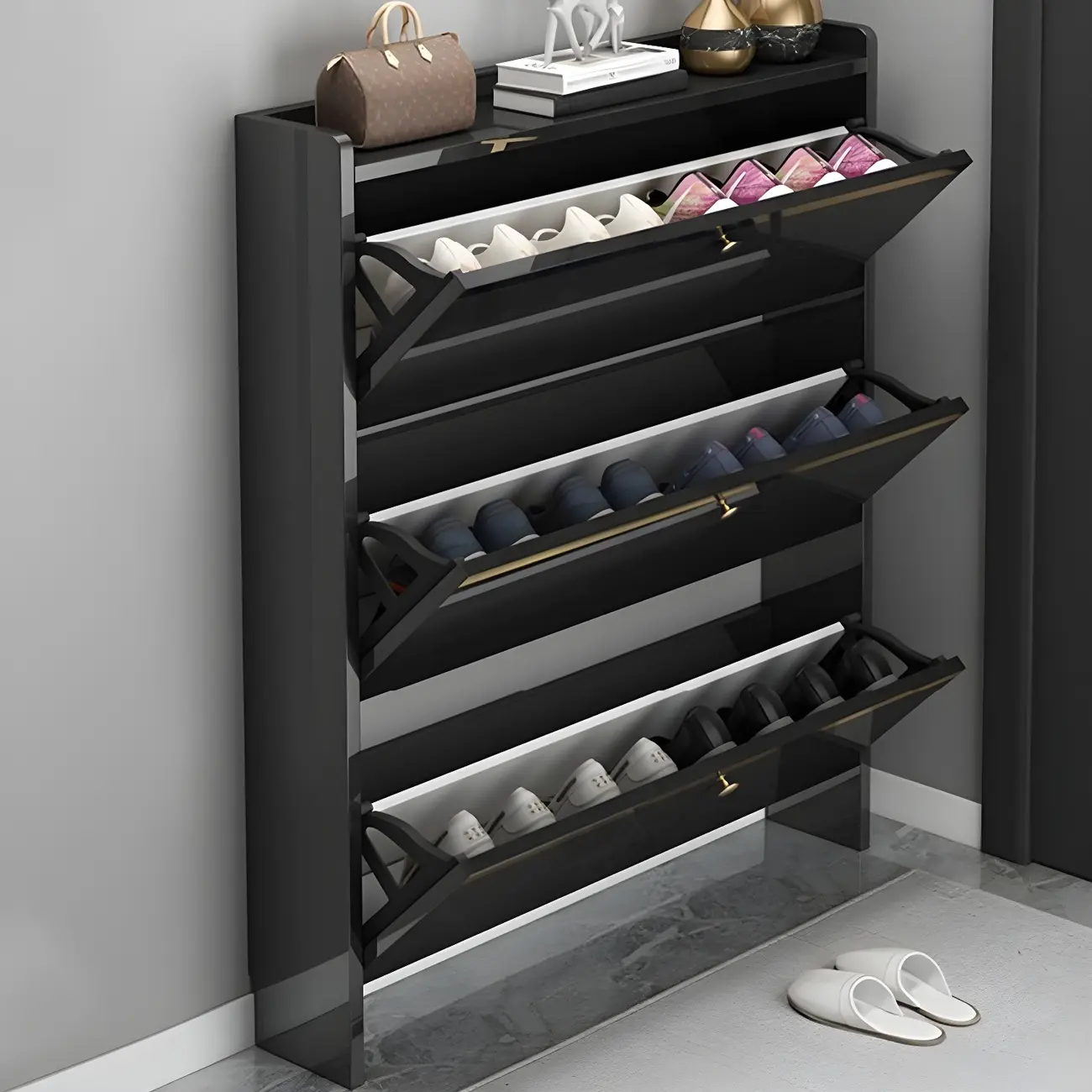 Entryway Glam Black Shoe Storage with Adjustable Shelves Image - 5 | homeyfad