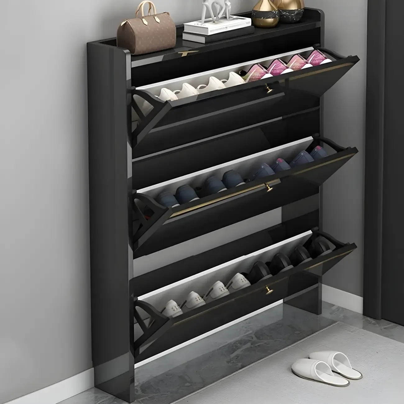 Entryway Glam Black Shoe Storage with Adjustable Shelves Image - 5