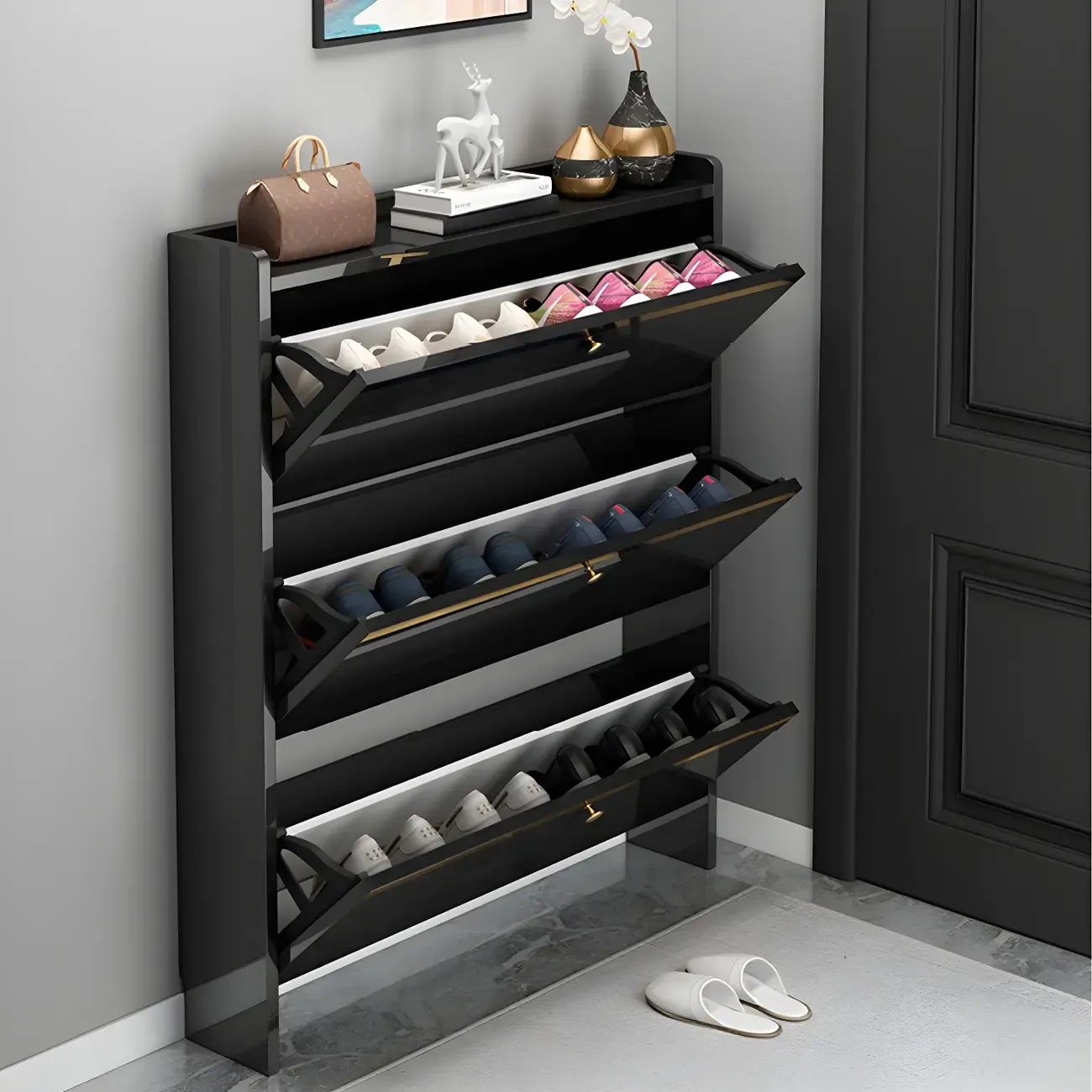 Entryway Glam Black Shoe Storage with Adjustable Shelves Image - 9
