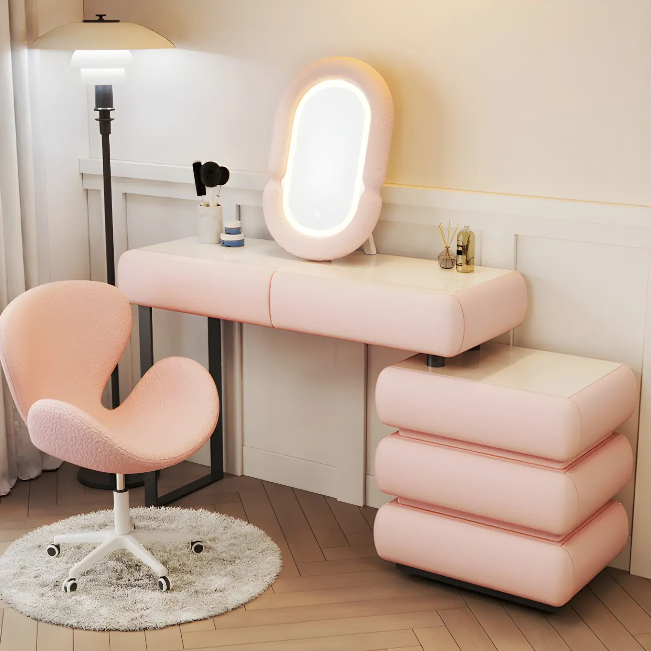 White 5-Drawer Wood Stone Top Makeup Vanity Image - 2 | homeyfad