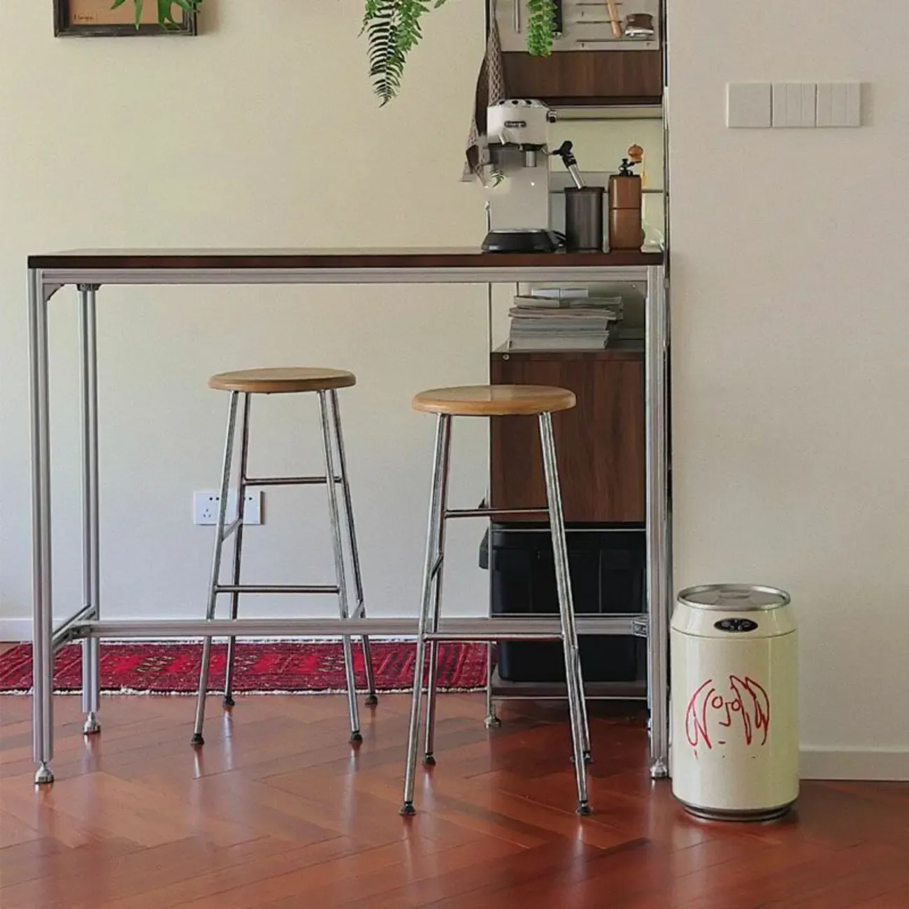 Modern Brown Wood Silver Metal Trestle Bar Tables Image - 1