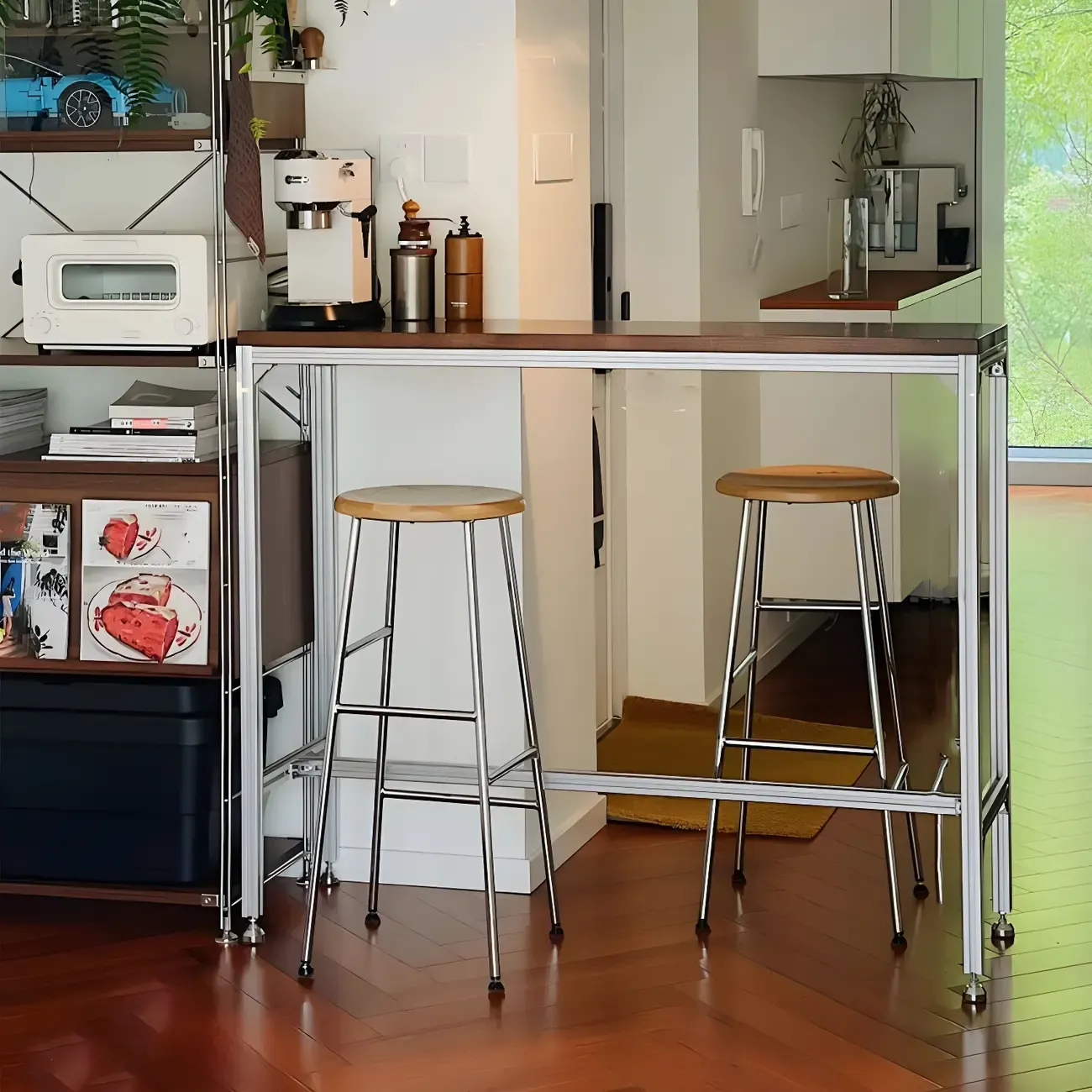 Modern Brown Wood Silver Metal Trestle Bar Tables Image - 2