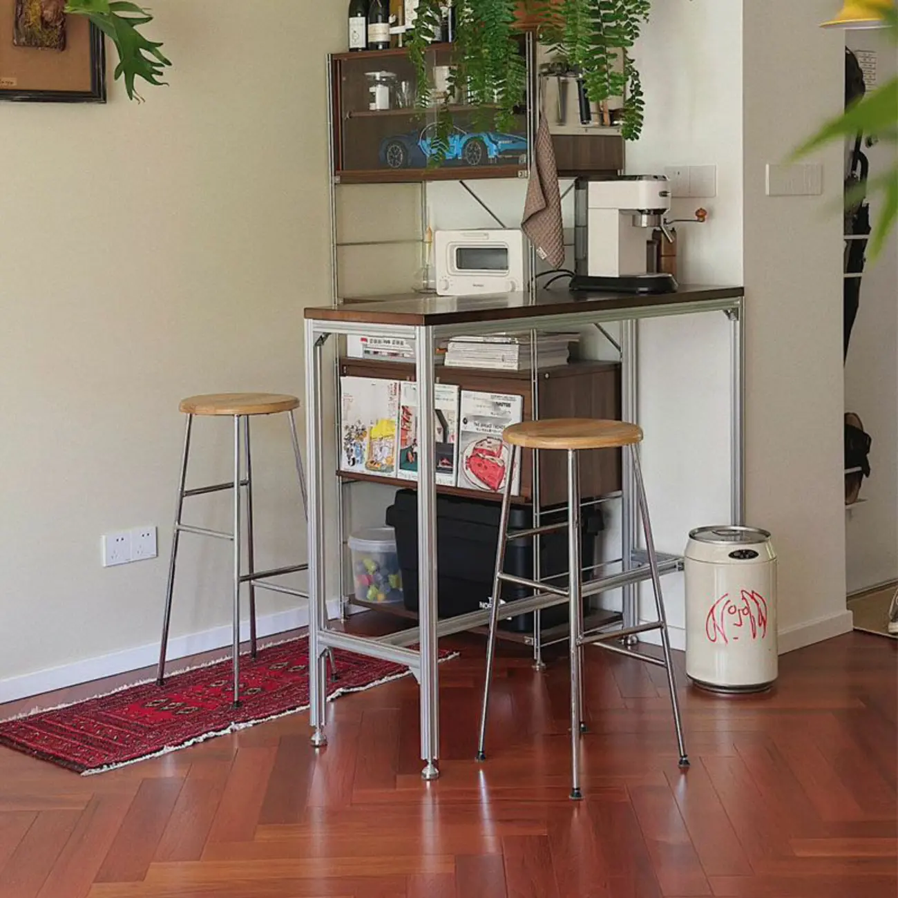 Modern Brown Wood Silver Metal Trestle Bar Tables Image - 5 | homeyfad