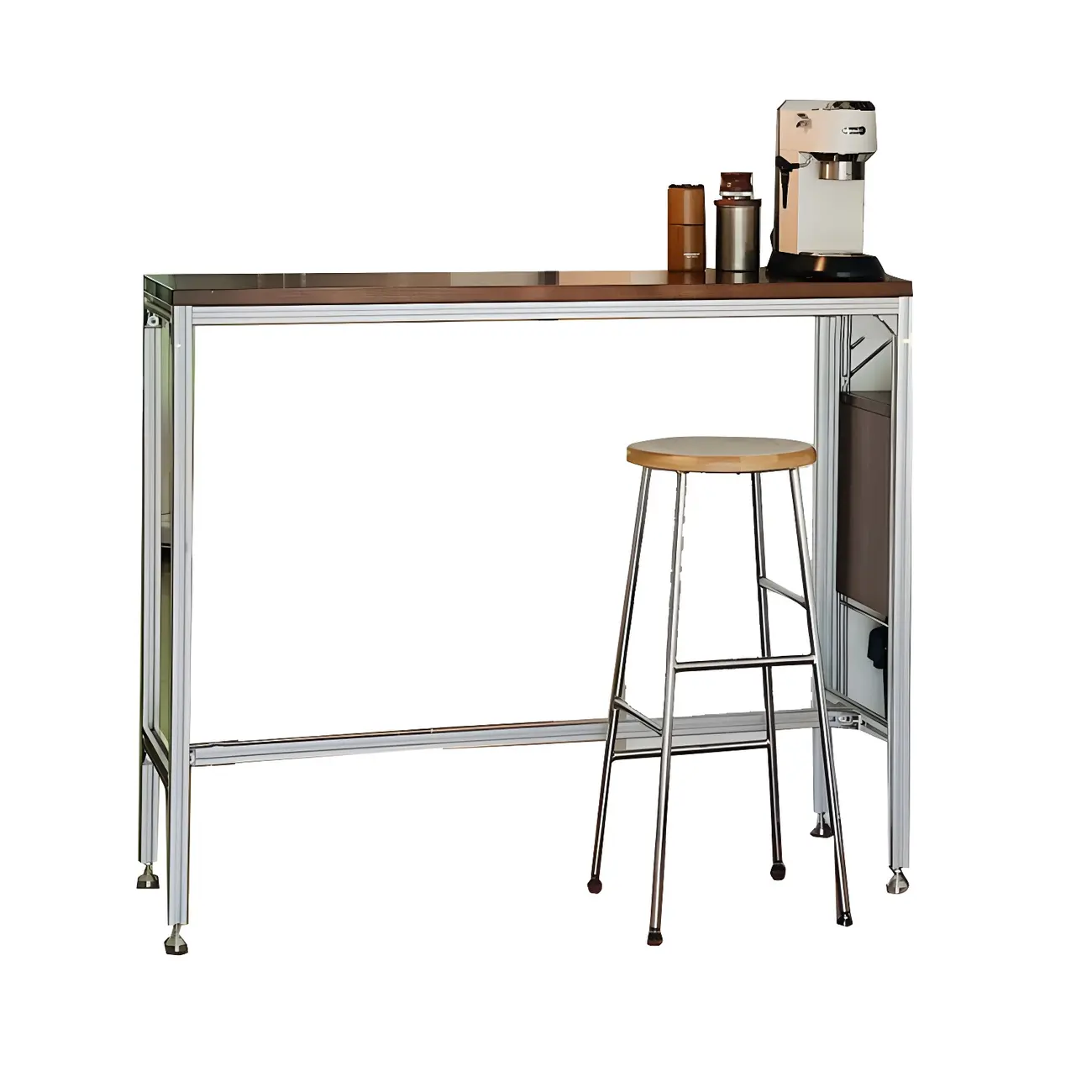 Modern Brown Wood Silver Metal Trestle Bar Tables Image - 6 | homeyfad