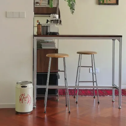 Modern Brown Wood Silver Metal Trestle Bar Tables Image - 7