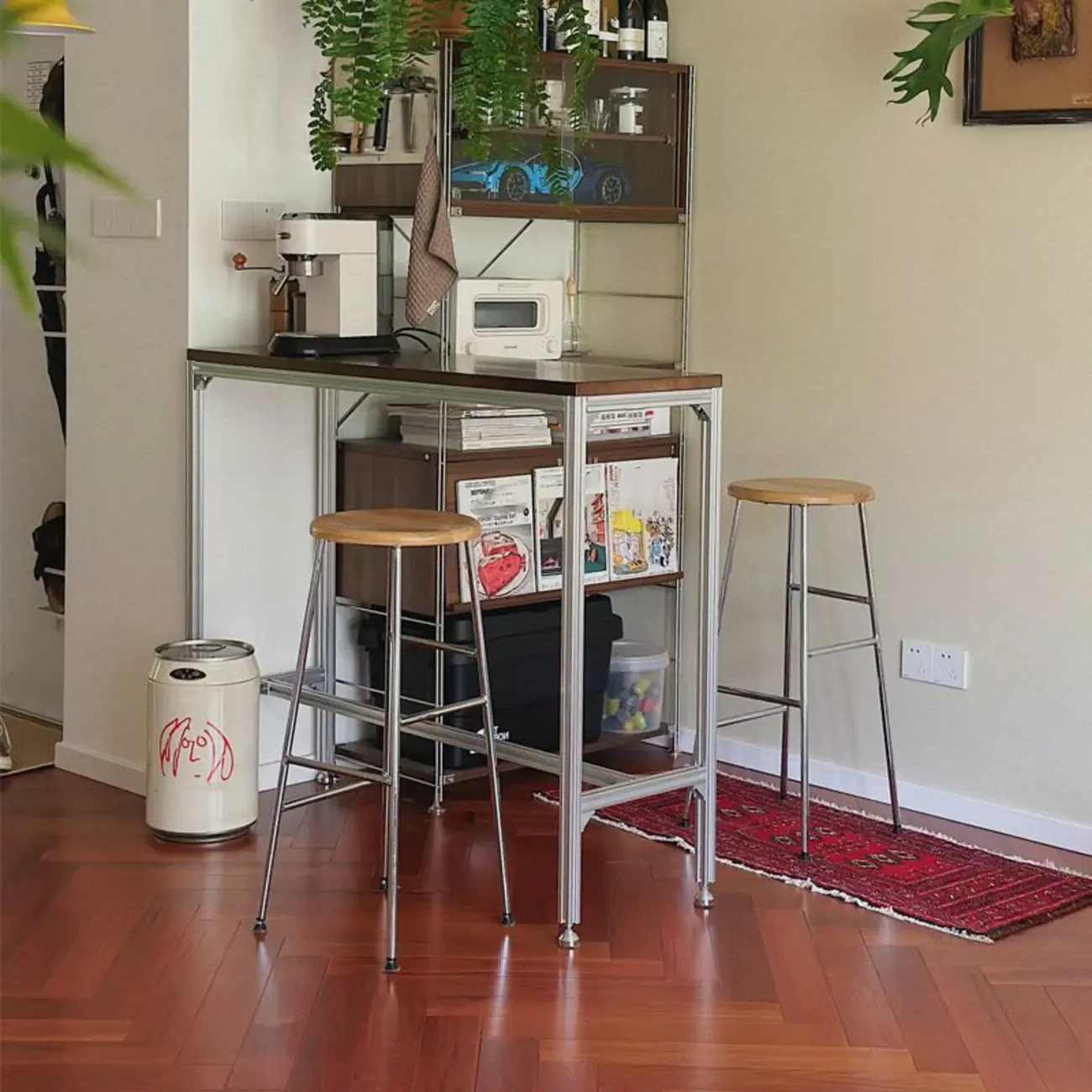 Modern Brown Wood Silver Metal Trestle Bar Tables Image - 8