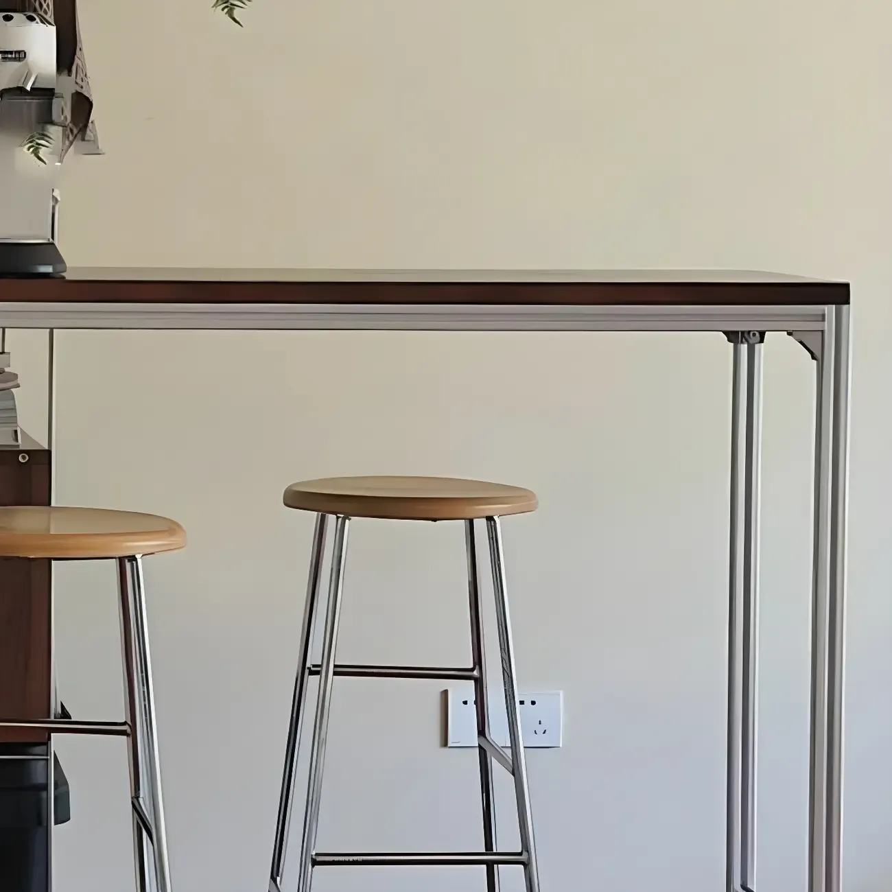 Modern Brown Wood Silver Metal Trestle Bar Tables Image - 10