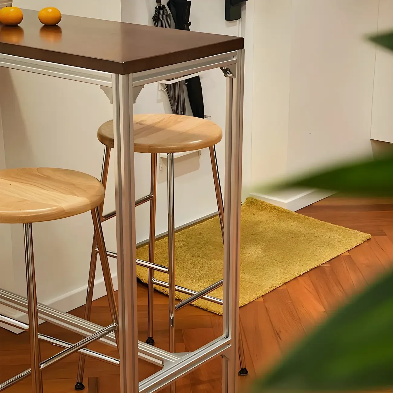 Modern Brown Wood Silver Metal Trestle Bar Tables Image - 12