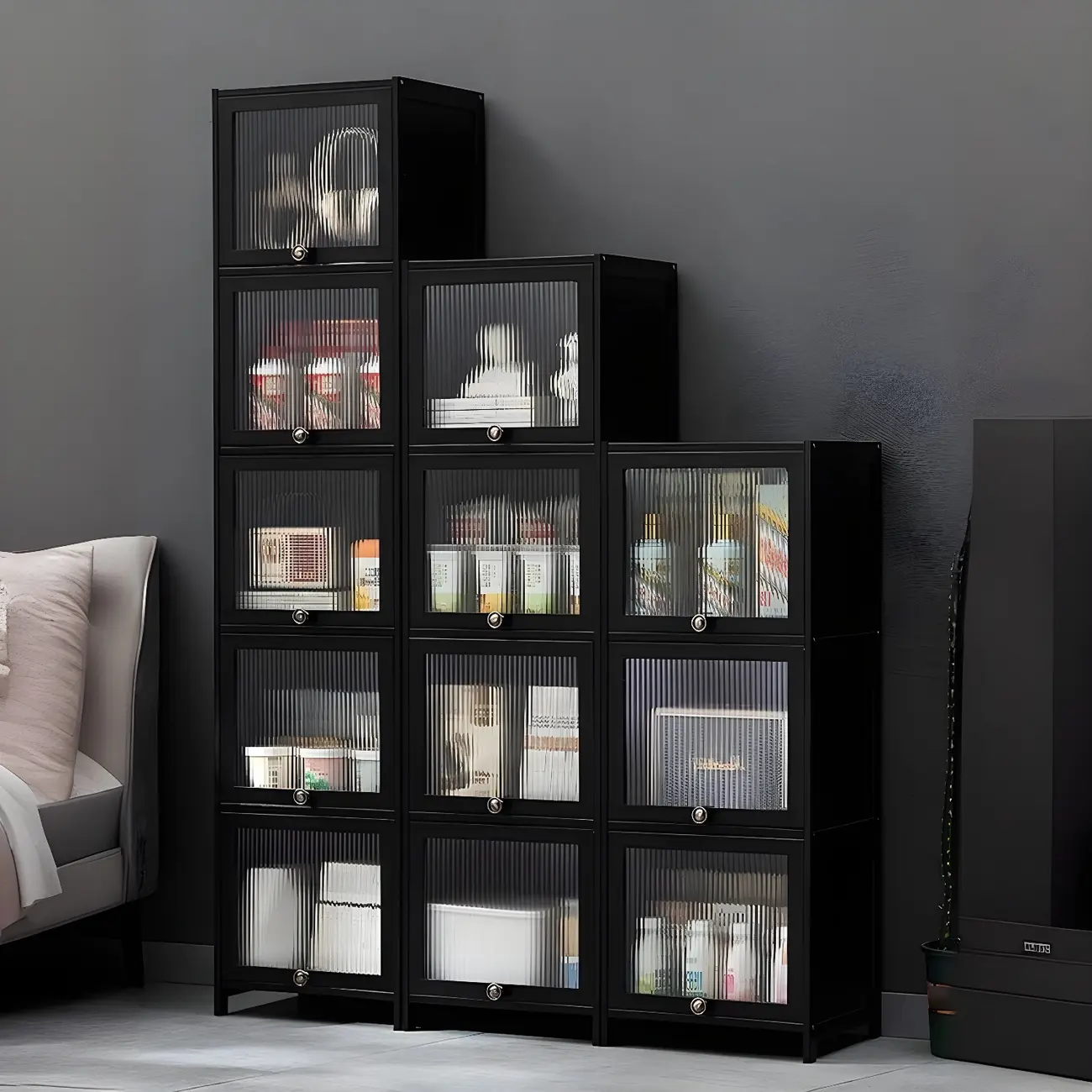 Sleek Black Bamboo Glass Display Cabinet for Living Room Image - 6 | homeyfad