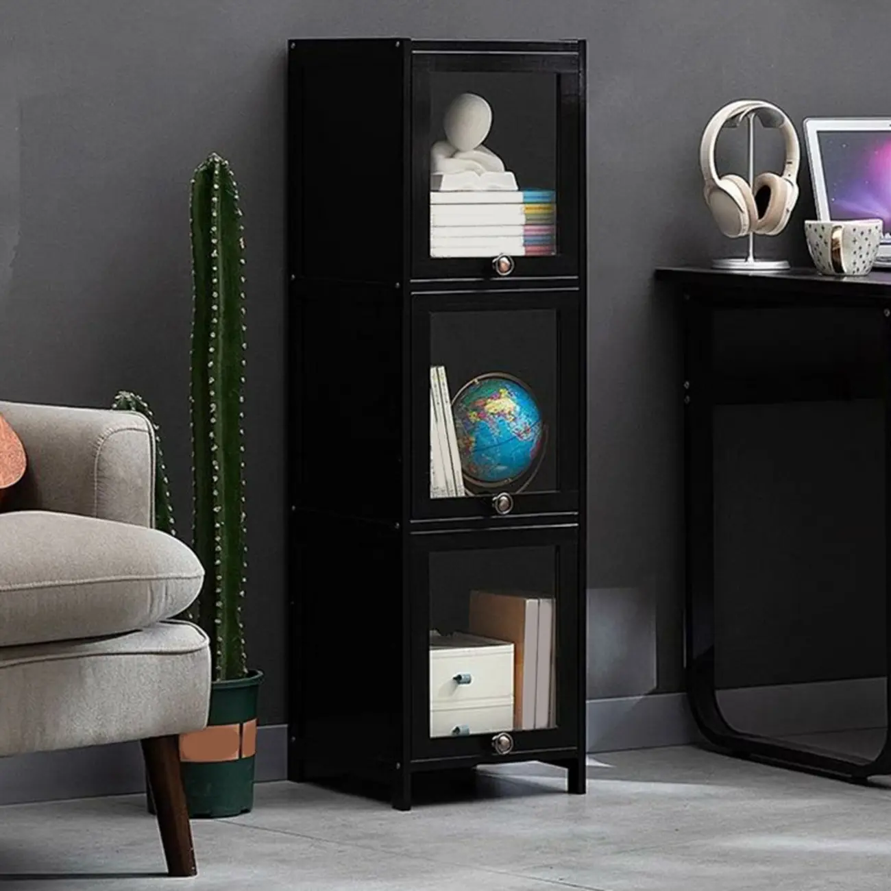 Sleek Black Bamboo Glass Display Cabinet for Living Room Image - 1 | homeyfad