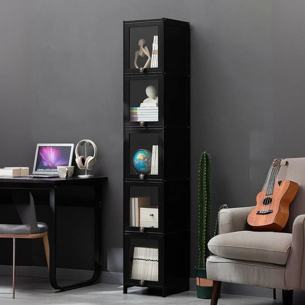Sleek Black Bamboo Glass Display Cabinet for Living Room Image - 5 | homeyfad