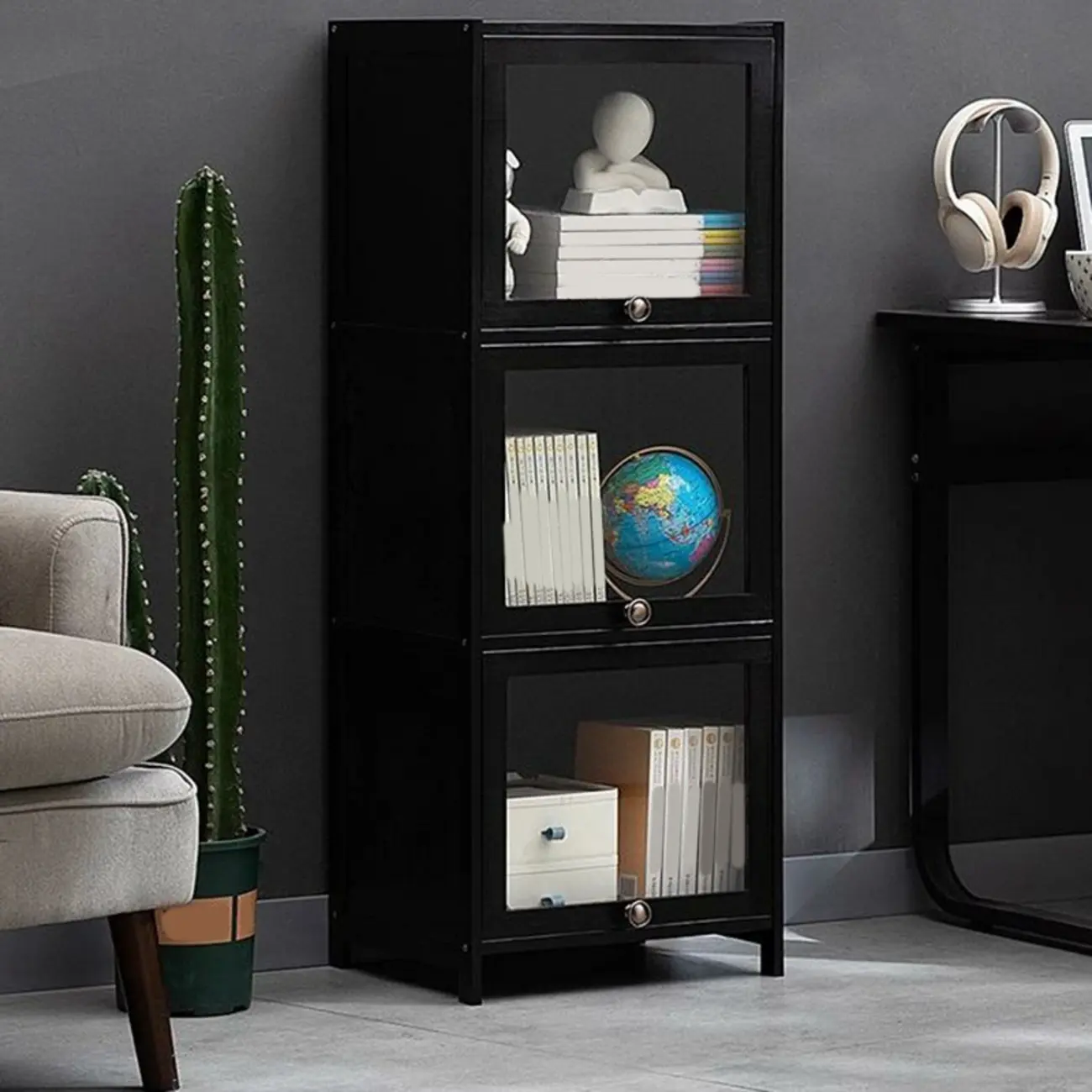 Sleek Black Bamboo Glass Display Cabinet for Living Room Image - 2 | homeyfad