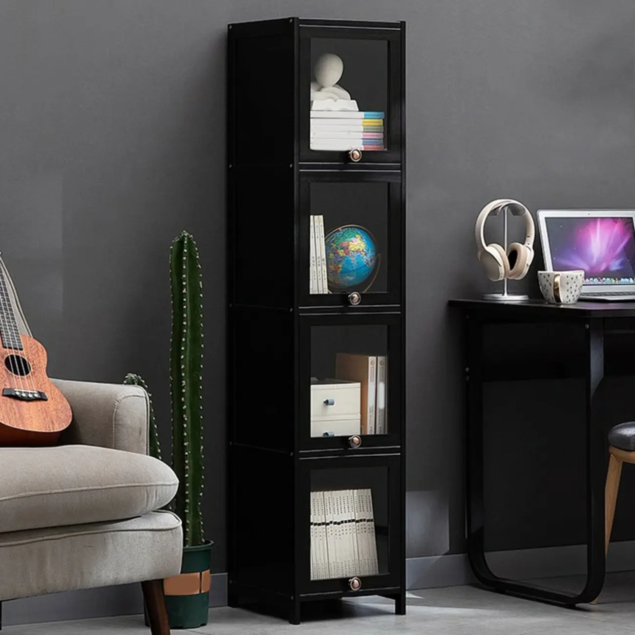 Sleek Black Bamboo Glass Display Cabinet for Living Room Image - 3 | homeyfad