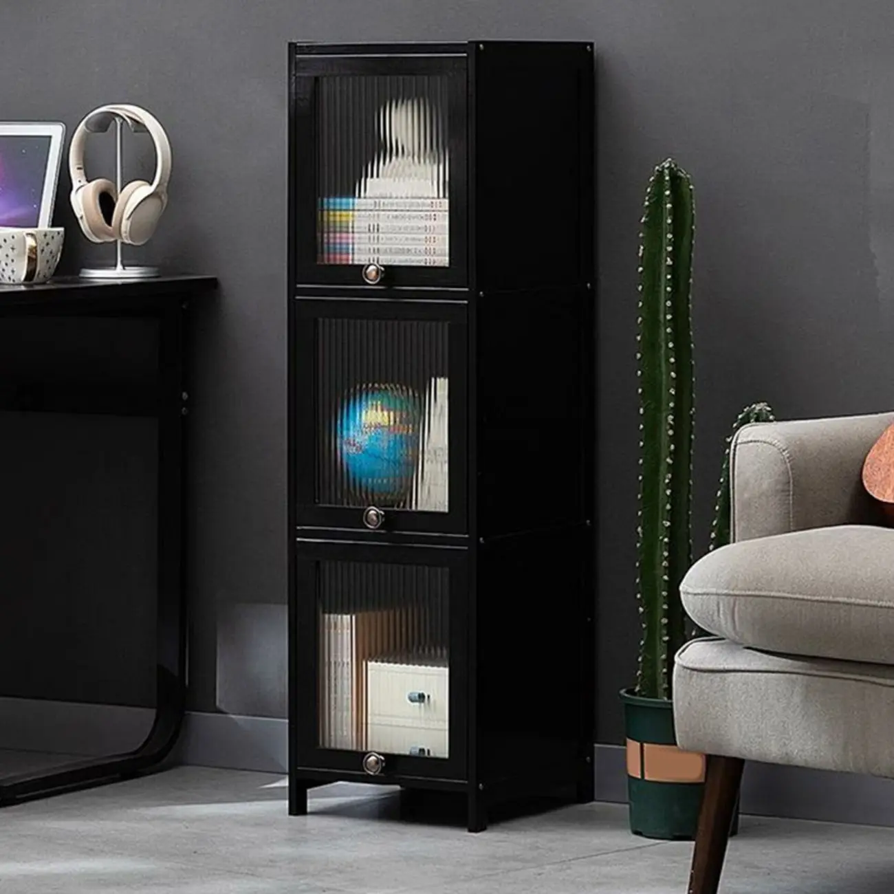 Sleek Black Bamboo Glass Display Cabinet for Living Room Image - 7 | homeyfad