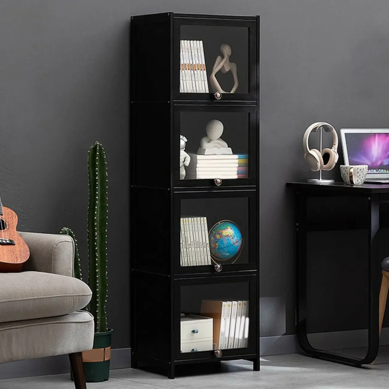 Sleek Black Bamboo Glass Display Cabinet for Living Room Image - 4 | homeyfad