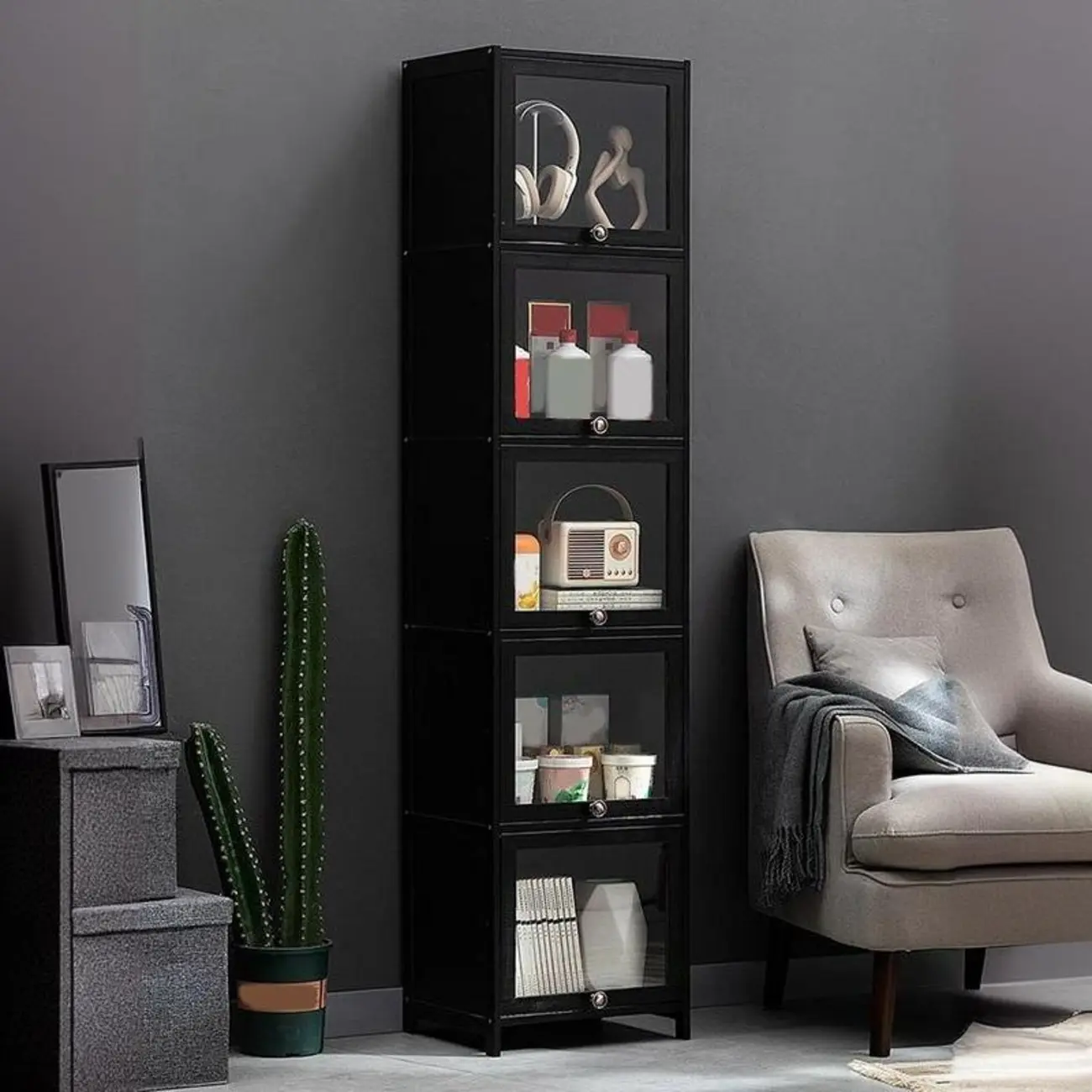 Sleek Black Bamboo Glass Display Cabinet for Living Room Image - 8 | homeyfad