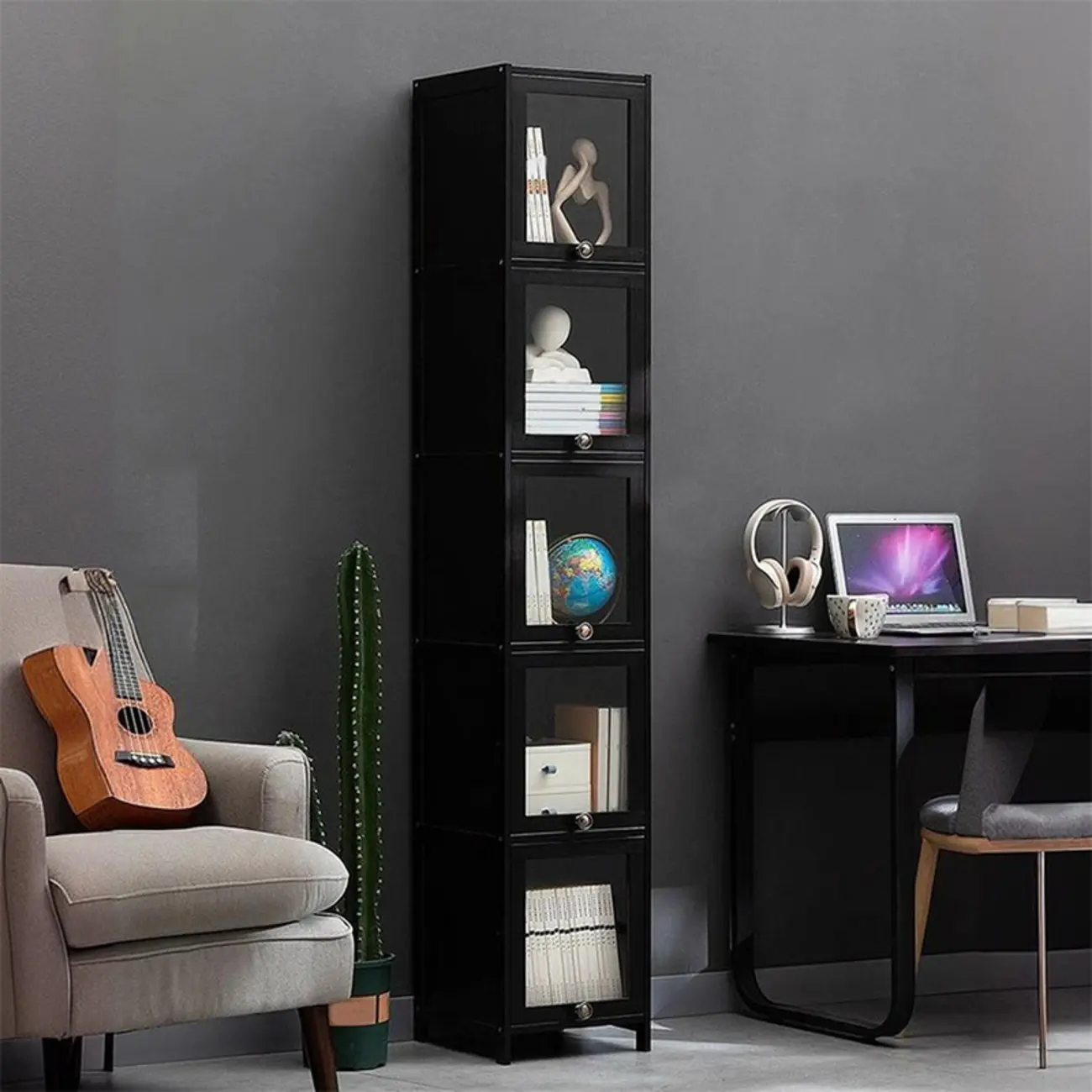 Sleek Black Bamboo Glass Display Cabinet for Living Room Image - 9 | homeyfad