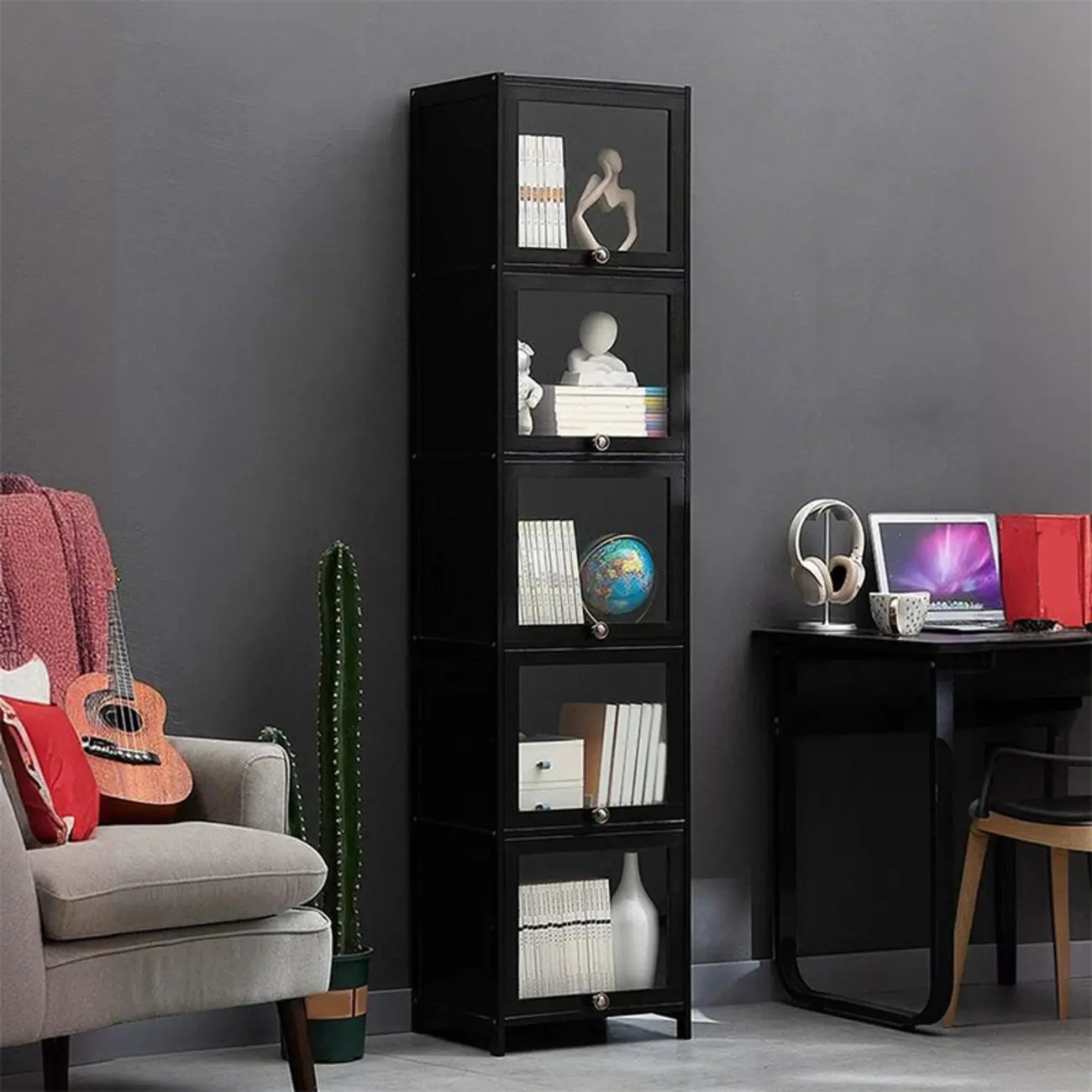 Sleek Black Bamboo Glass Display Cabinet for Living Room Image - 11 | homeyfad