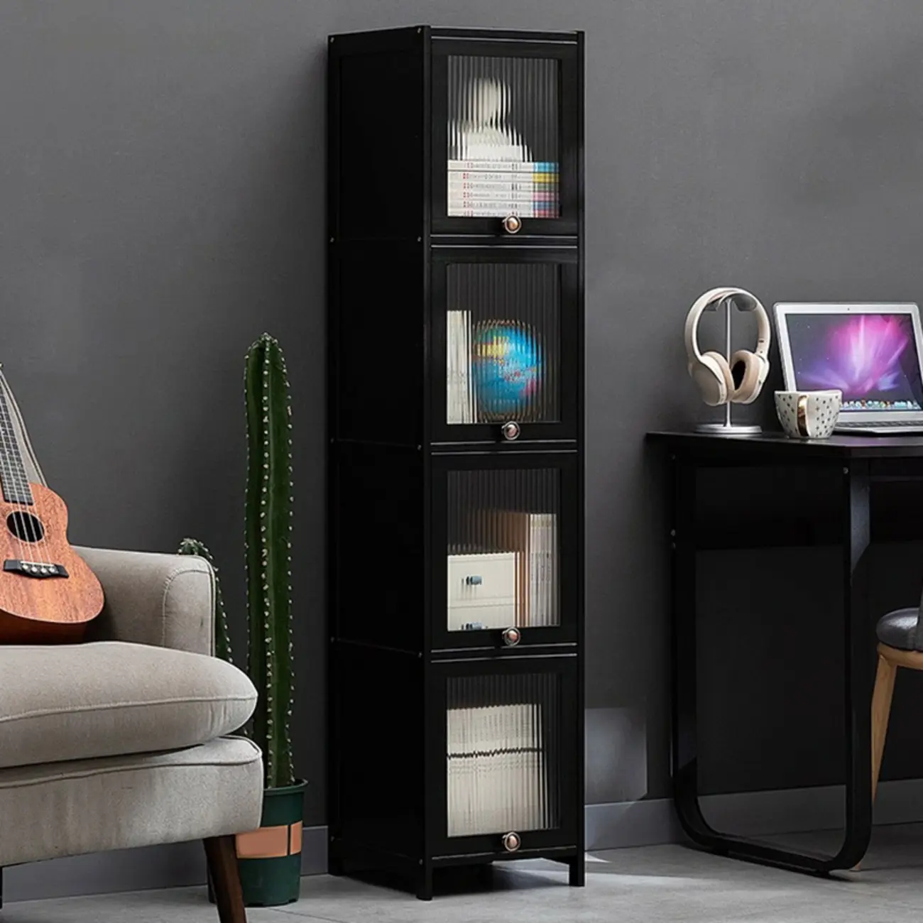 Sleek Black Bamboo Glass Display Cabinet for Living Room Image - 12 | homeyfad