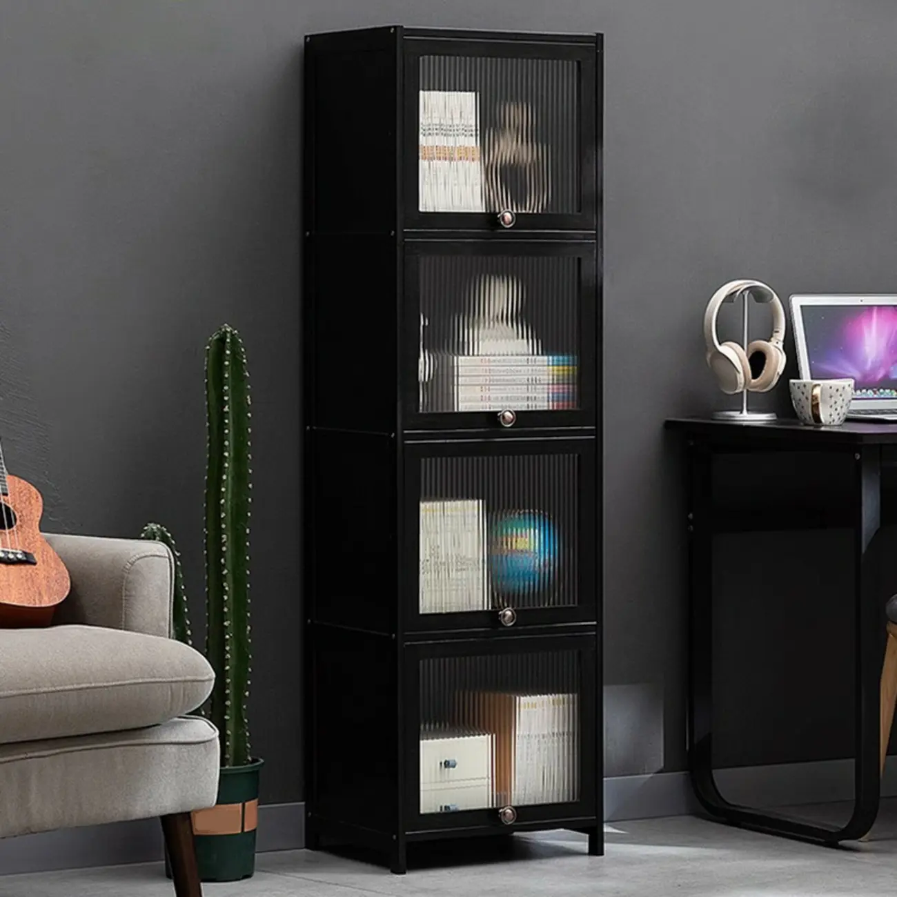 Sleek Black Bamboo Glass Display Cabinet for Living Room Image - 13 | homeyfad