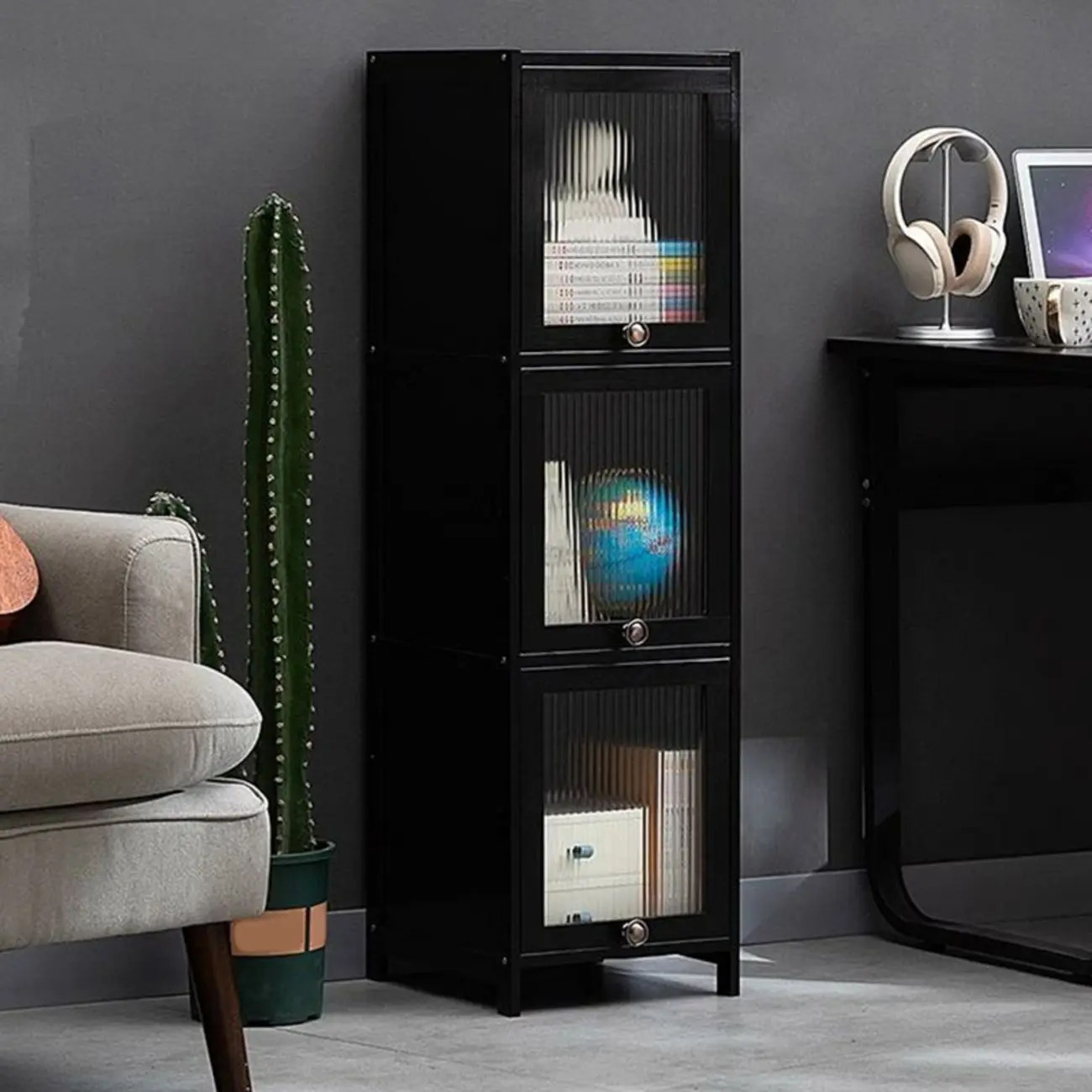 Sleek Black Bamboo Glass Display Cabinet for Living Room Image - 14 | homeyfad