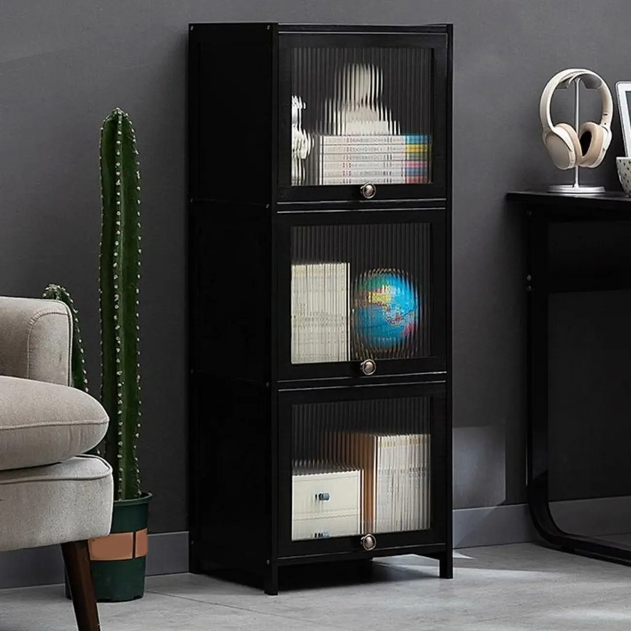 Sleek Black Bamboo Glass Display Cabinet for Living Room Image - 15 | homeyfad