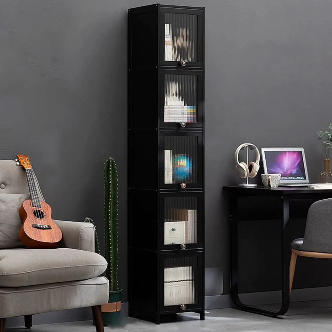 Sleek Black Bamboo Glass Display Cabinet for Living Room Image - 16 | homeyfad