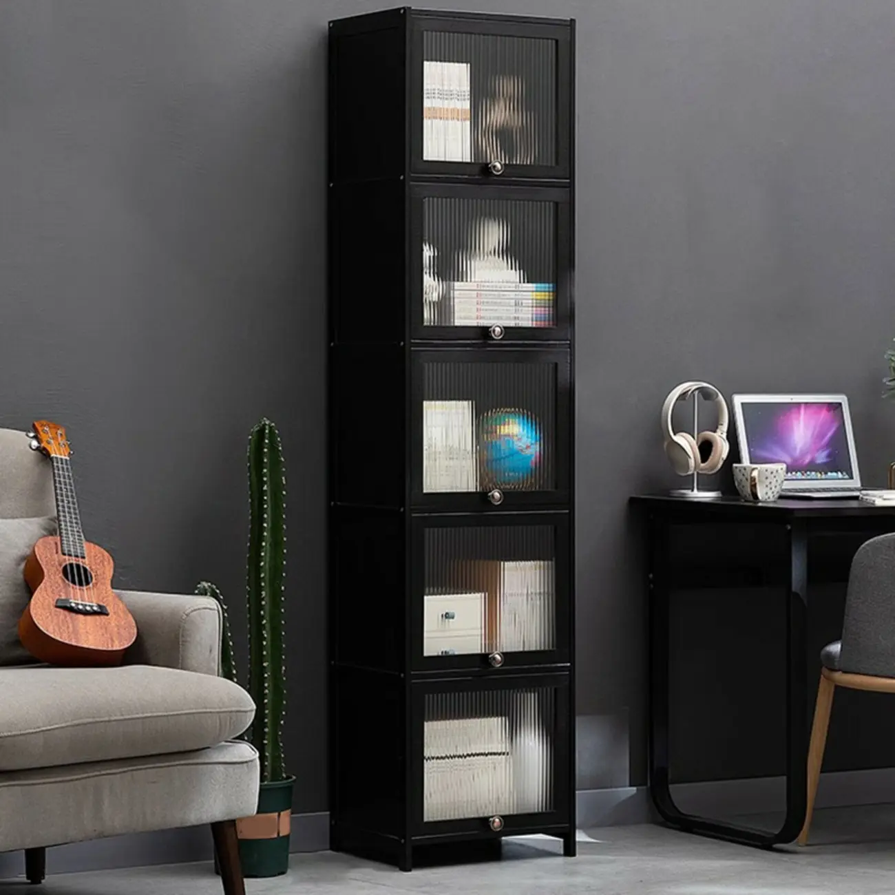 Sleek Black Bamboo Glass Display Cabinet for Living Room Image - 17 | homeyfad