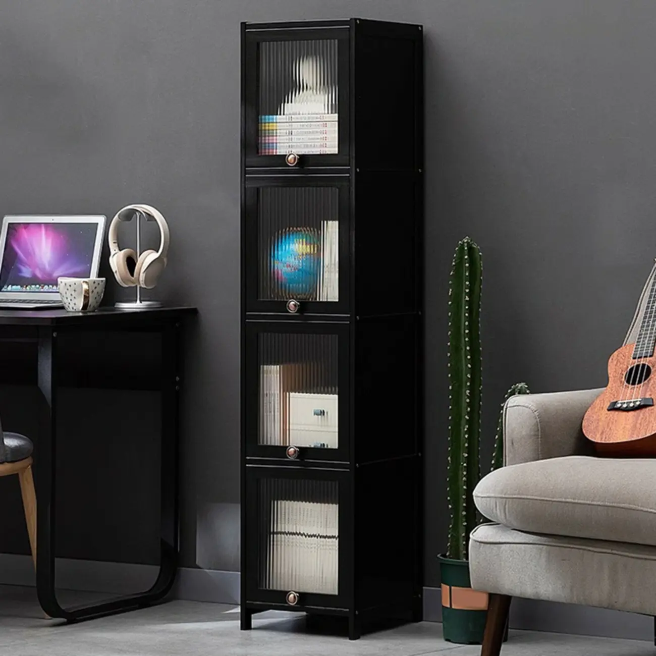 Sleek Black Bamboo Glass Display Cabinet for Living Room Image - 22 | homeyfad